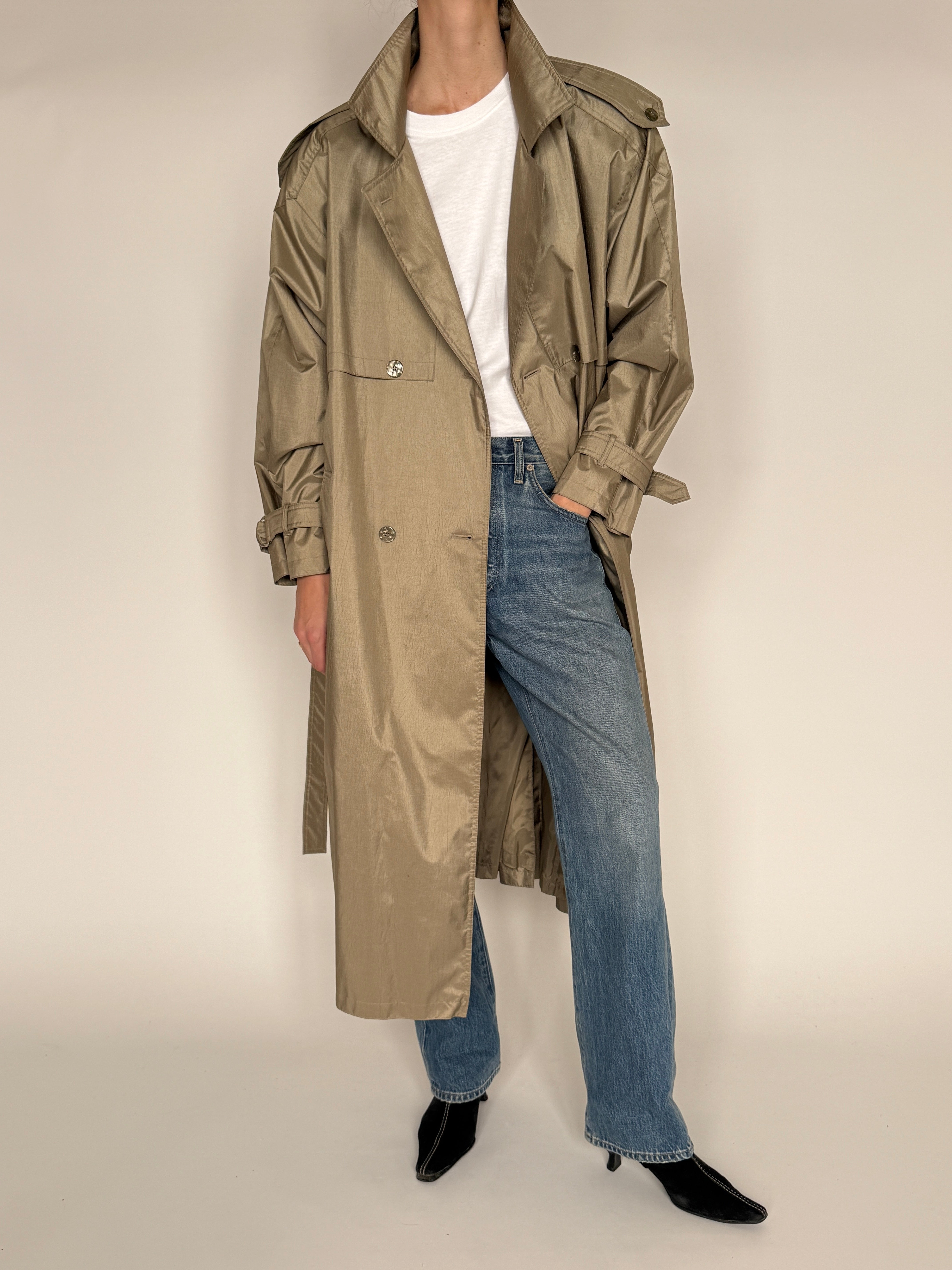 Vintage metallic taupe trench coat collar detail