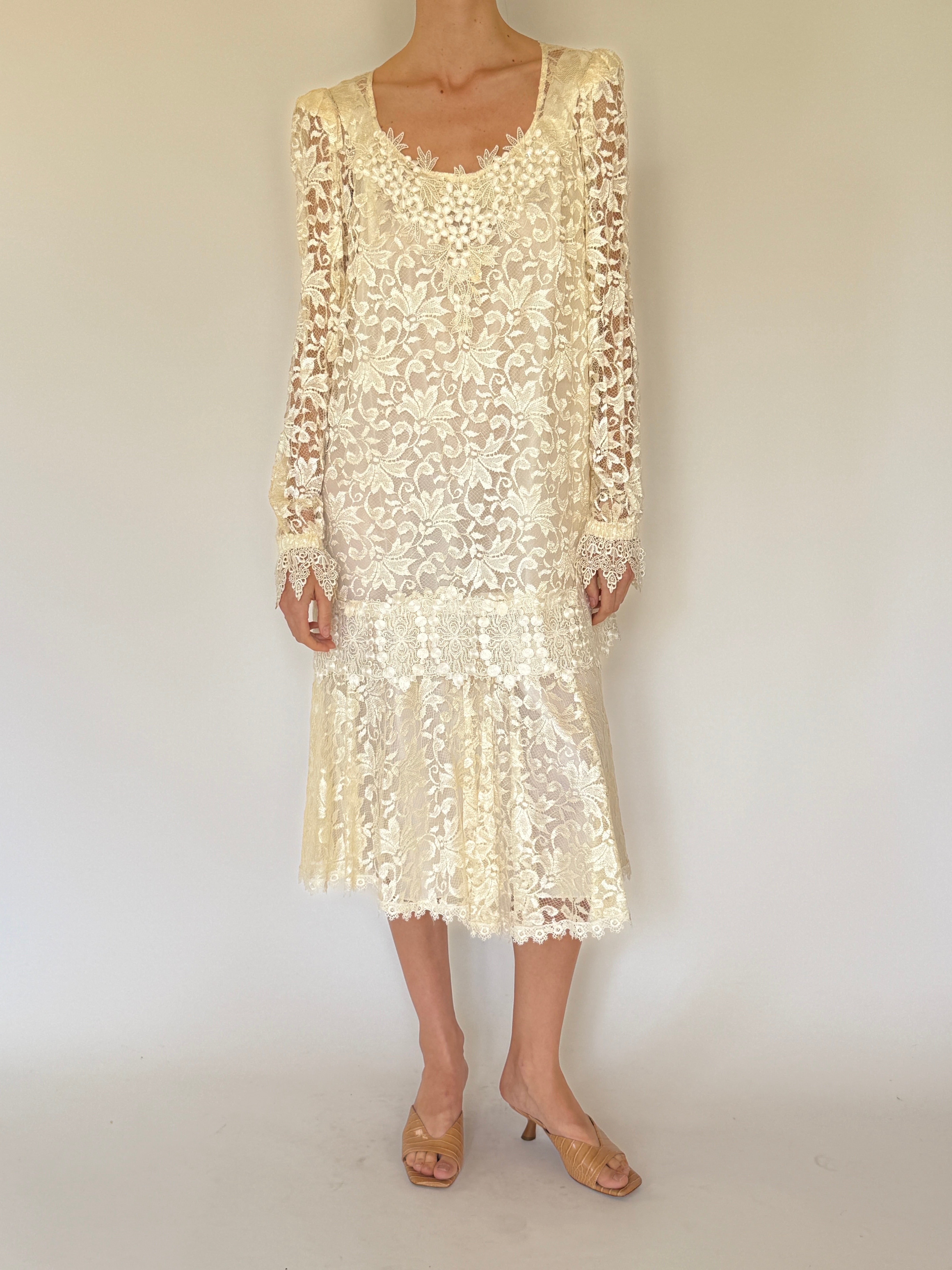 Vintage ivory lace dress set layered together front view
