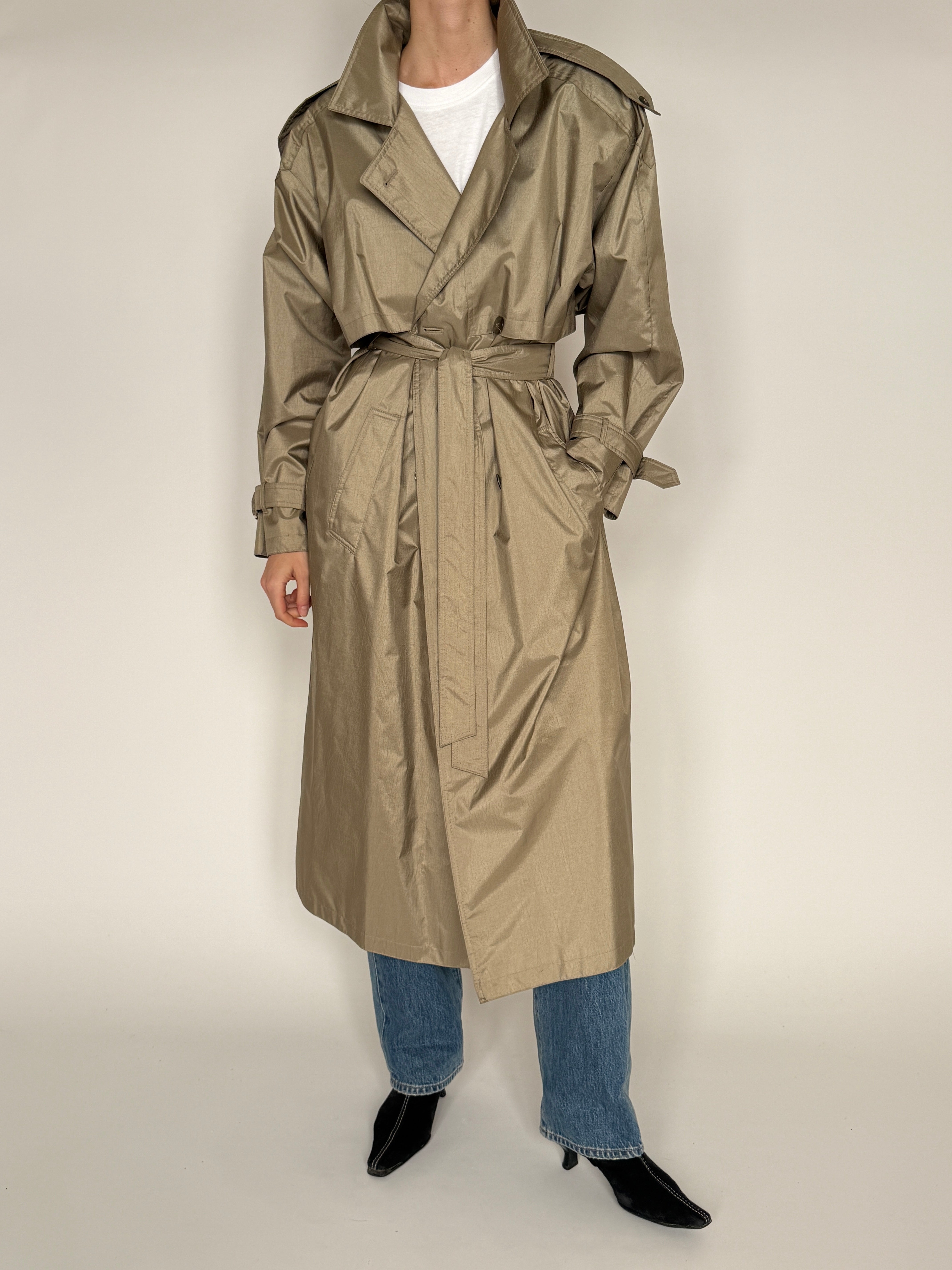 Vintage metallic taupe belted trench coat front view