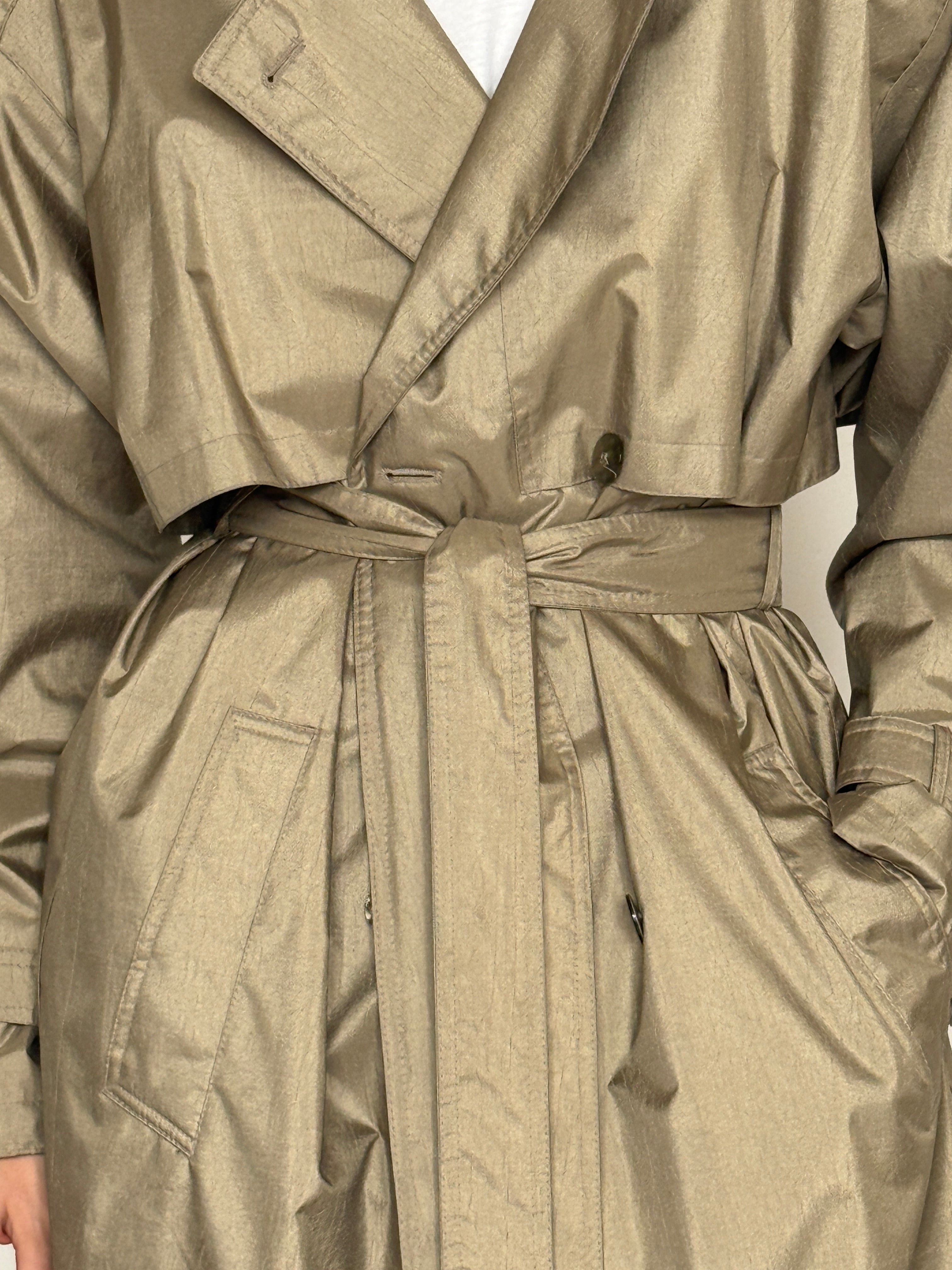Vintage metallic taupe trench coat cuff strap detail