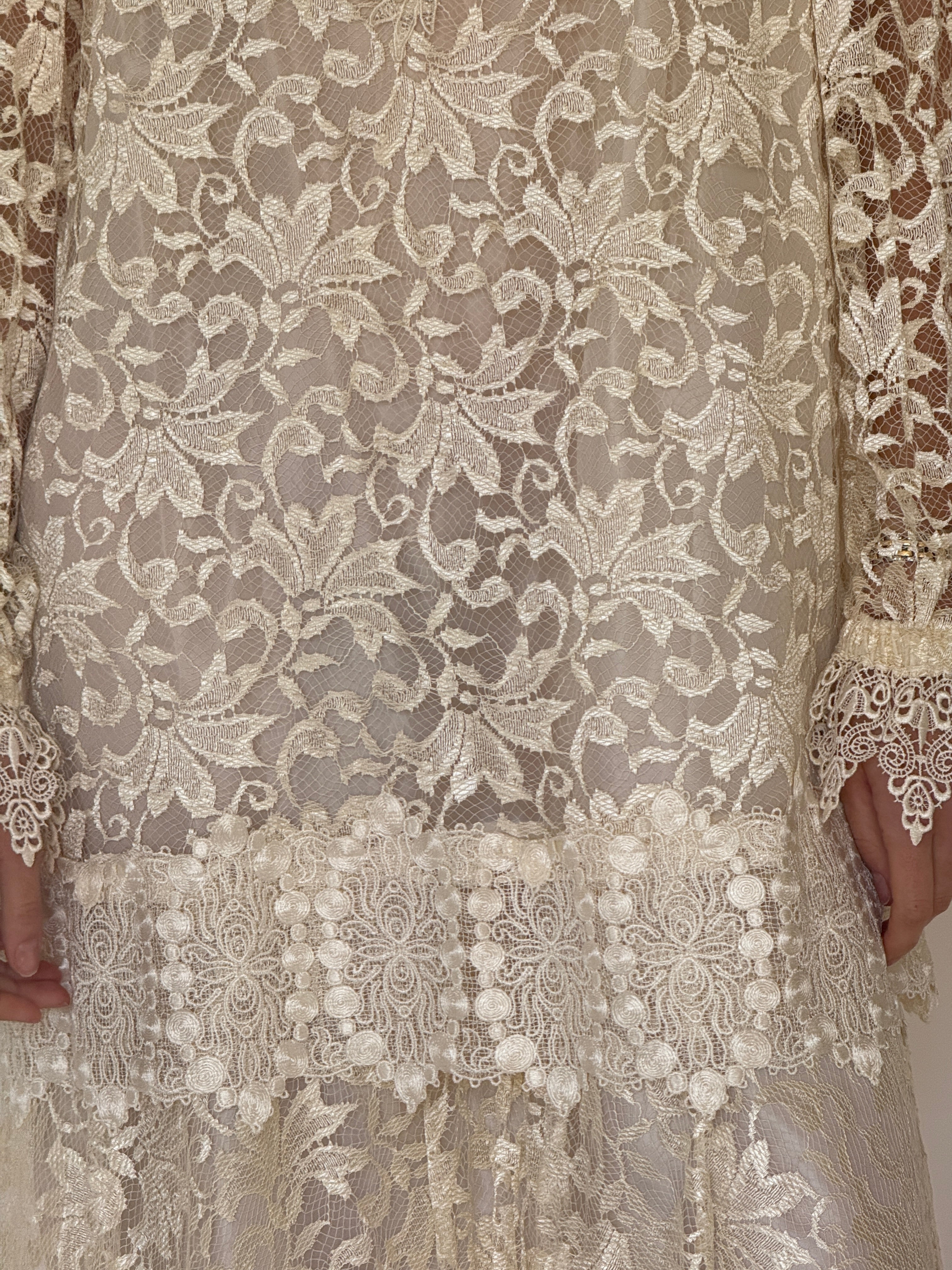 Vintage ivory lace dress set layered together front view