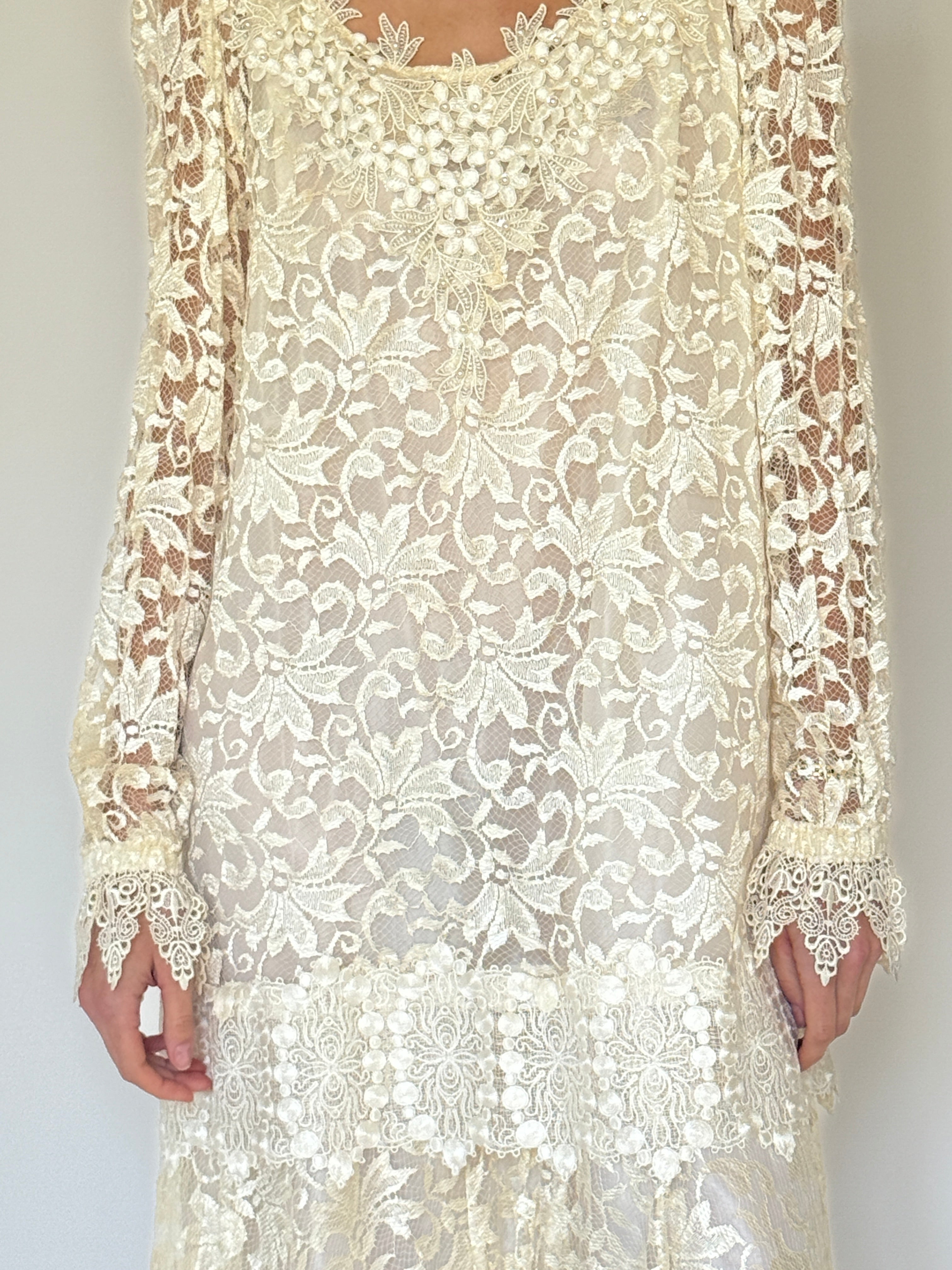Vintage ivory lace dress set layered together front view