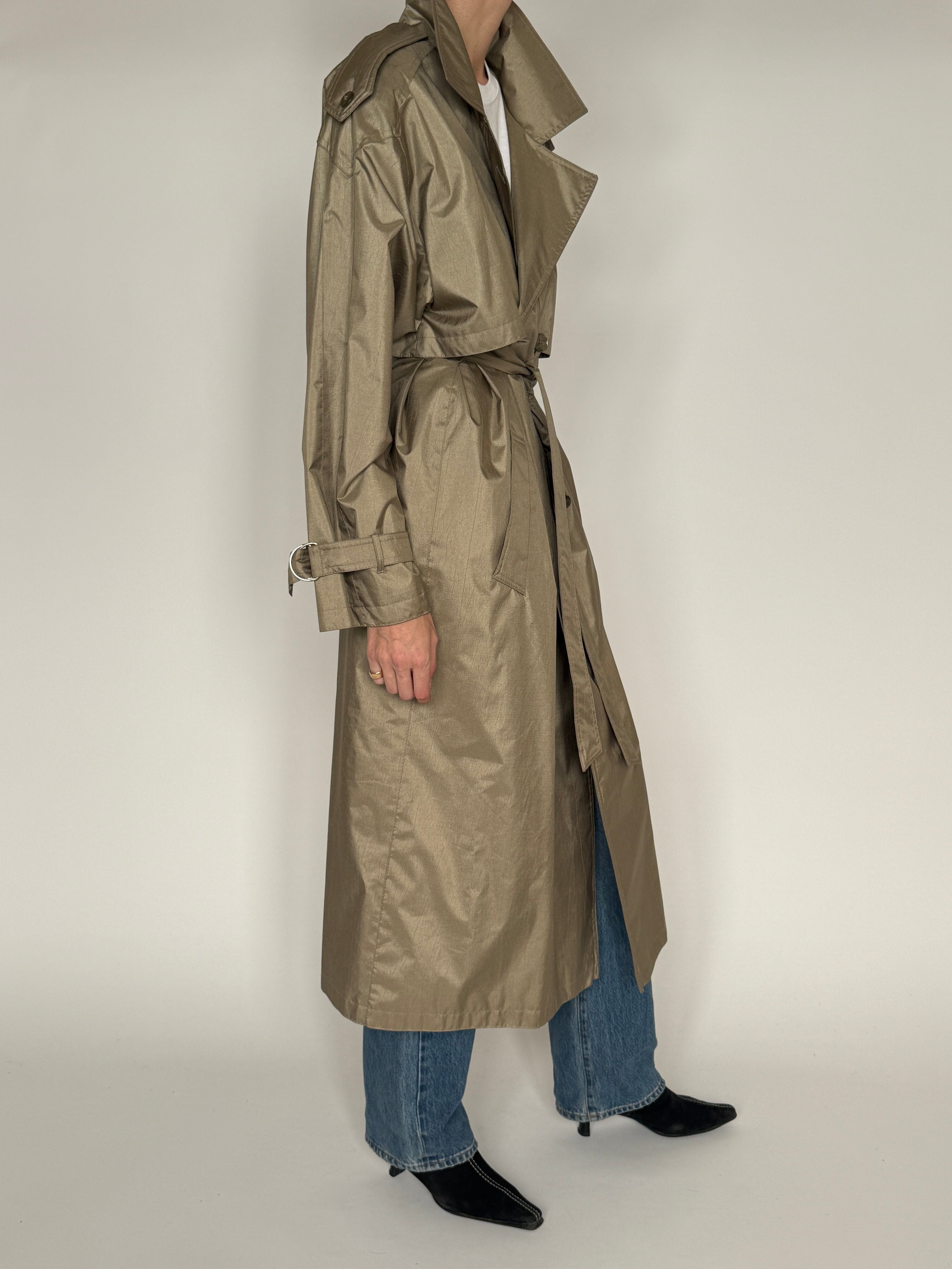Vintage metallic taupe trench coat side view