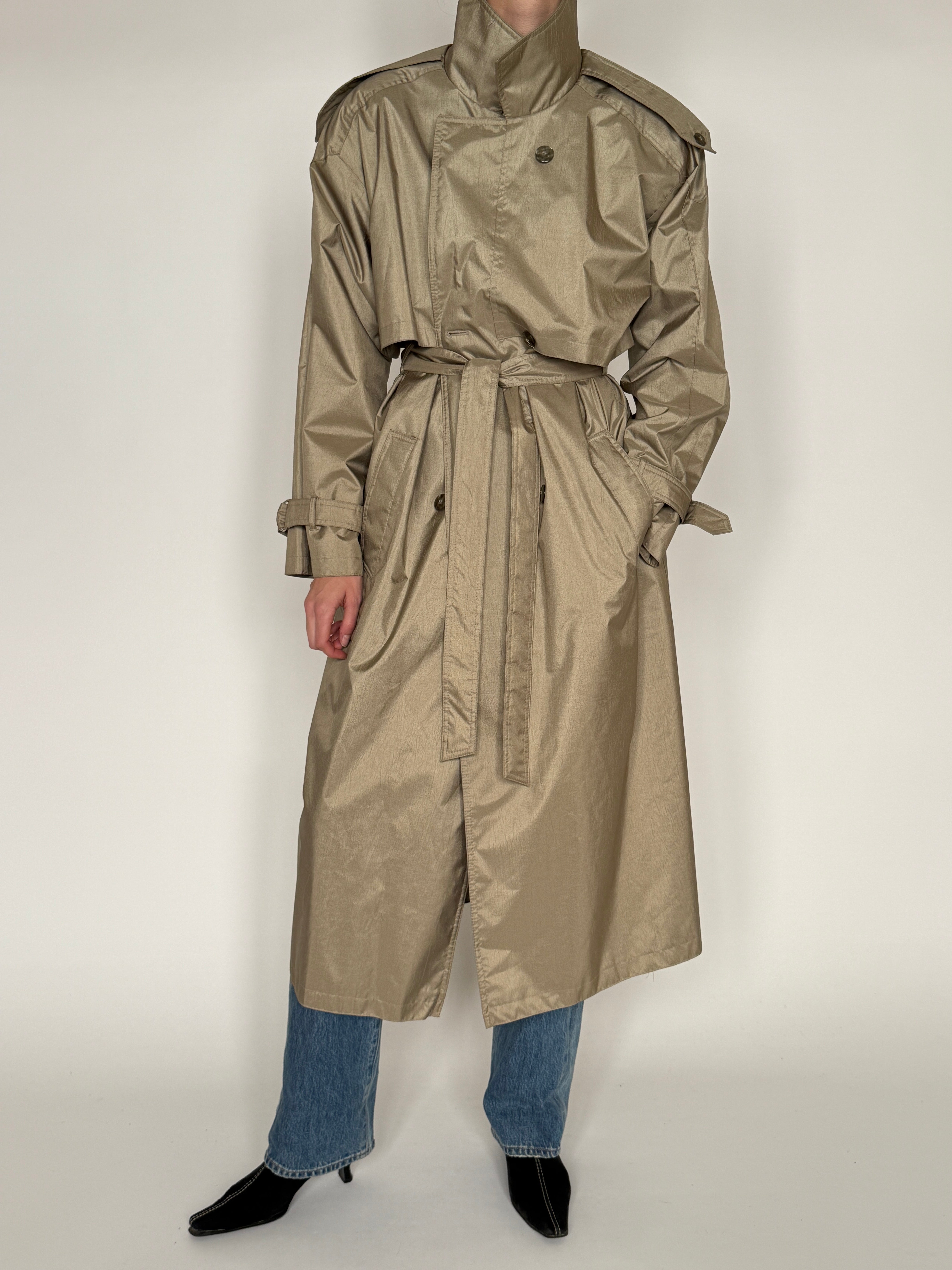 Vintage metallic taupe belted trench coat front view