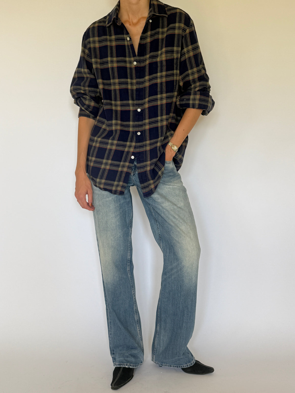 Vintage oversized plaid flannel shirt navy front view
