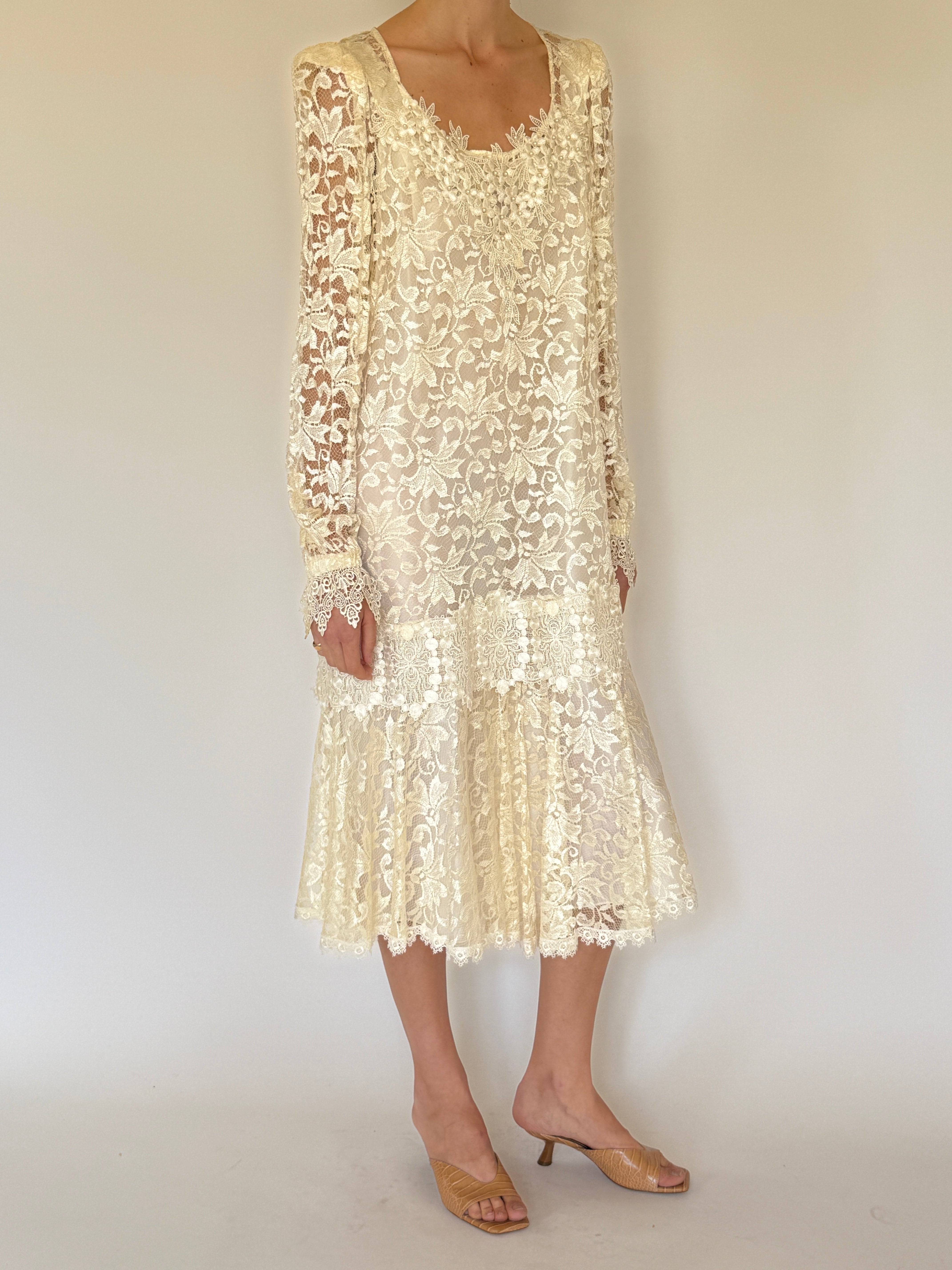 Vintage ivory lace dress set layered together front view