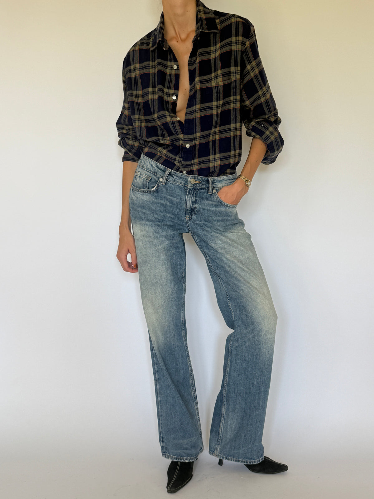 Vintage oversized plaid flannel shirt navy front view
