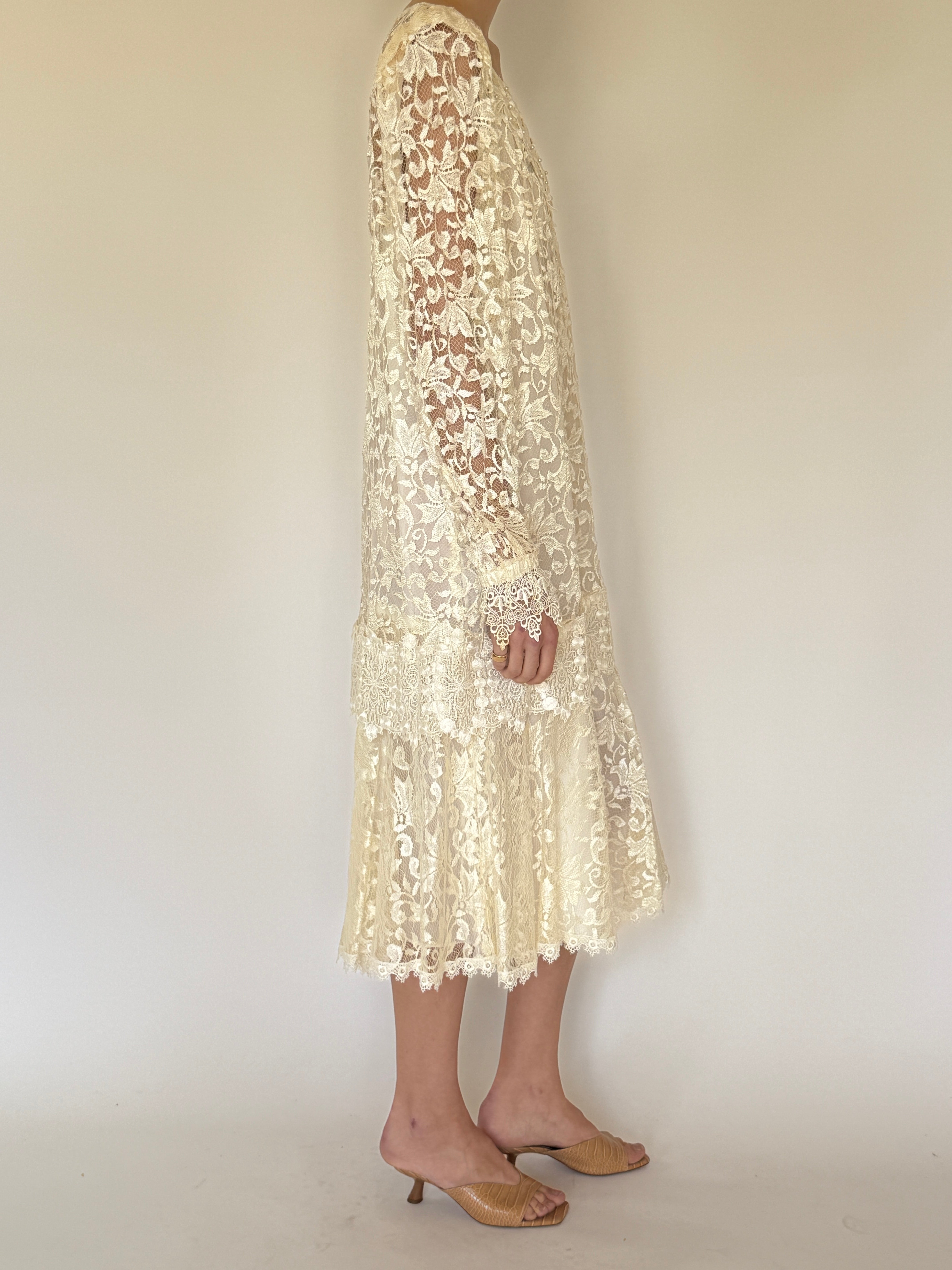 Vintage ivory lace dress set layered together front view