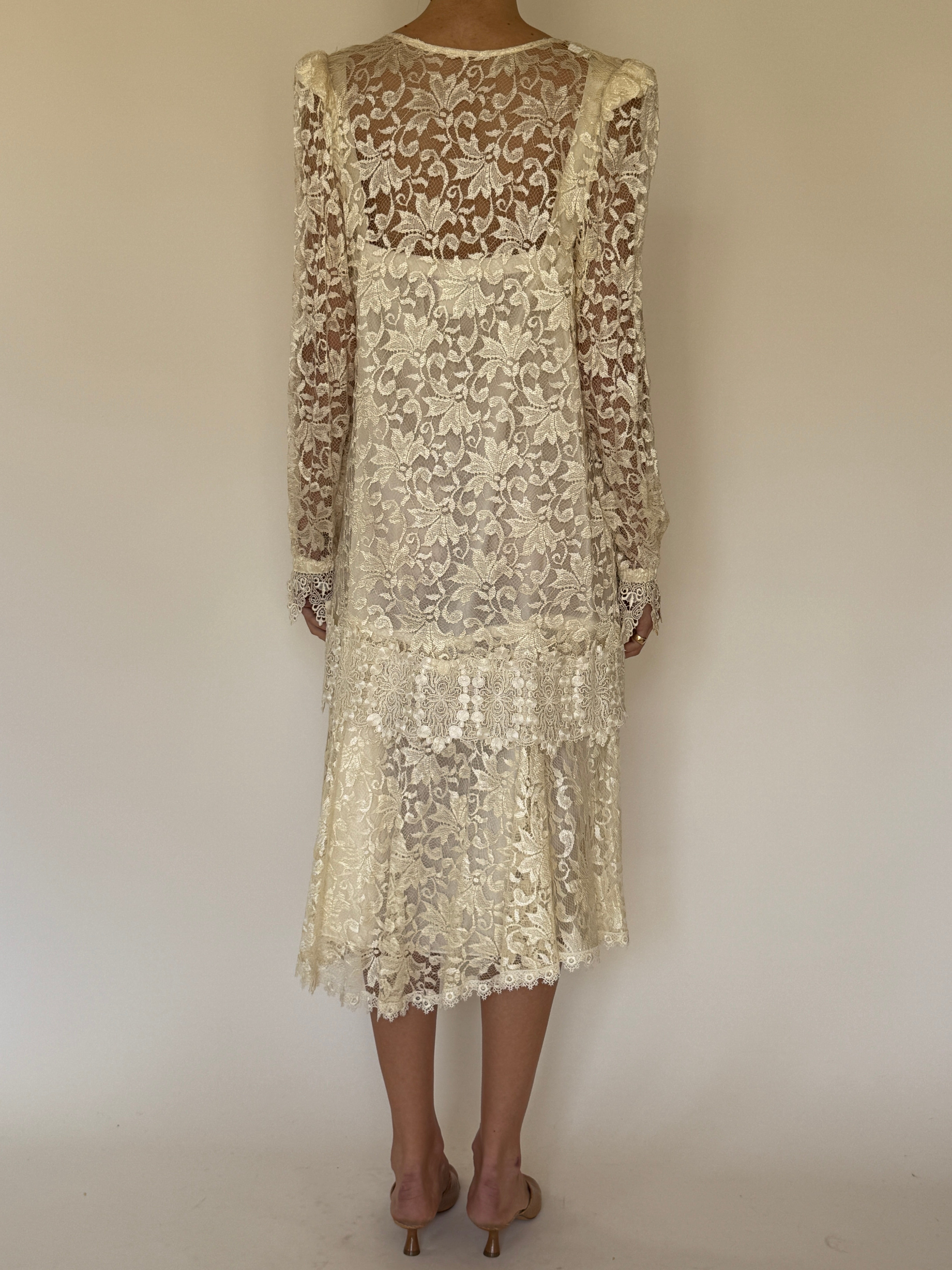 Vintage ivory lace dress set layered together front view