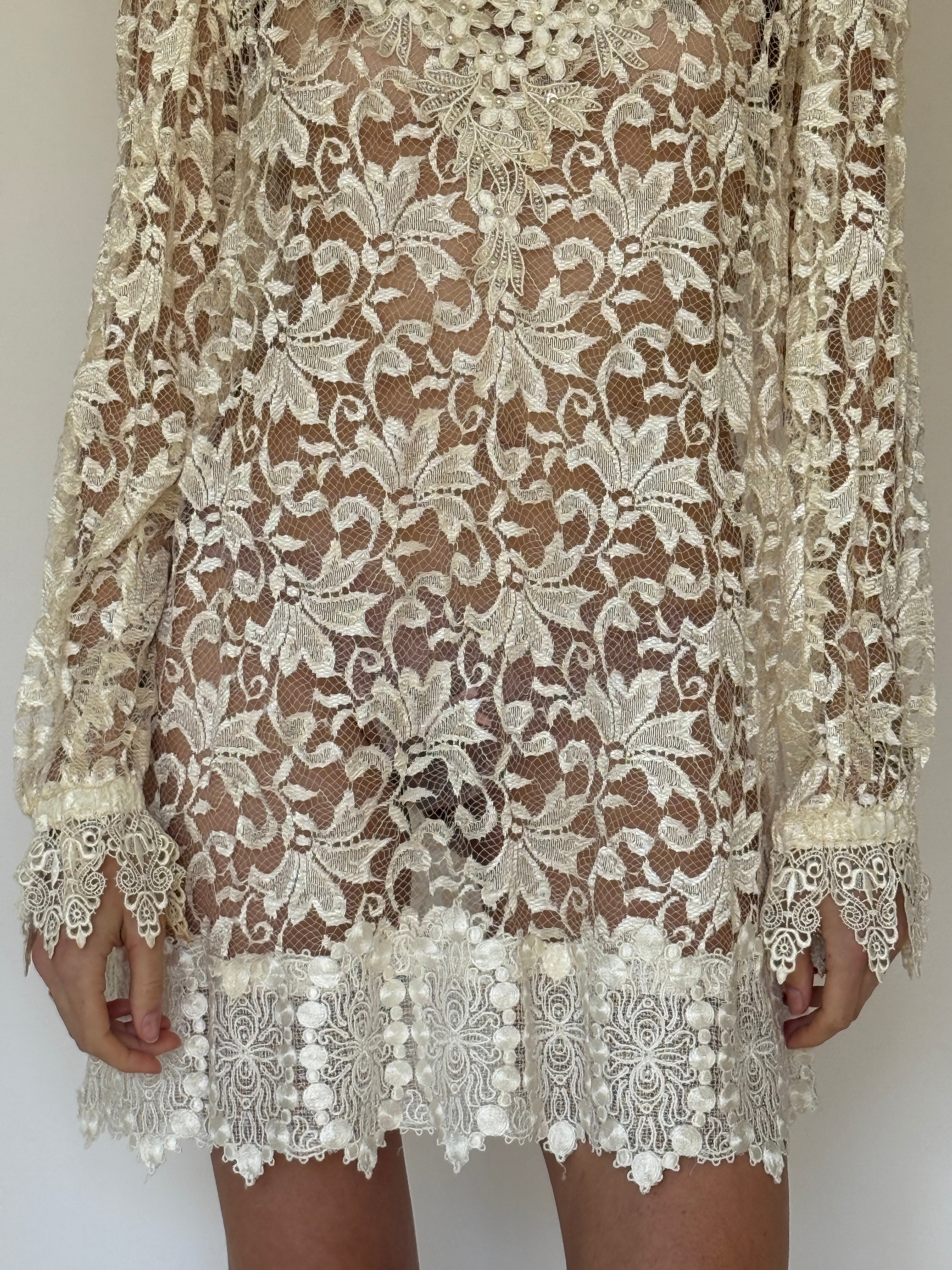 Vintage ivory lace dress set layered together front view