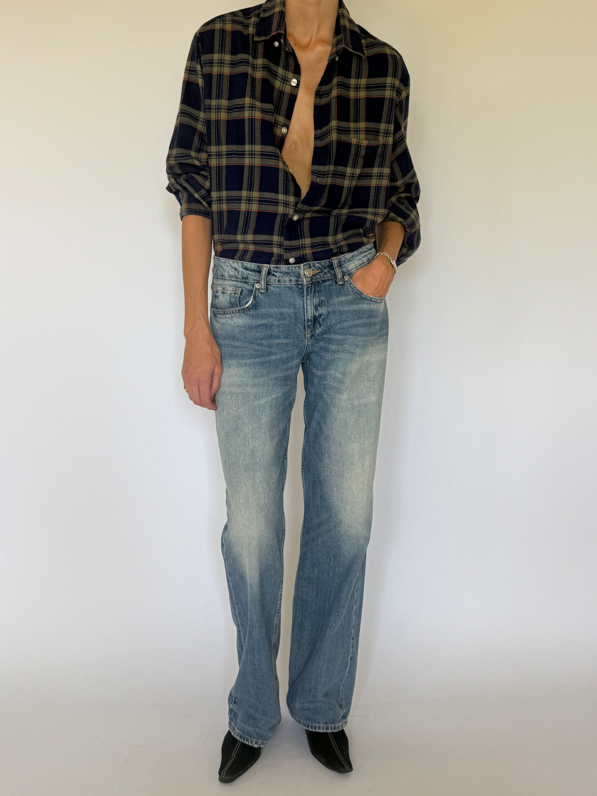 Vintage oversized plaid flannel shirt navy front view