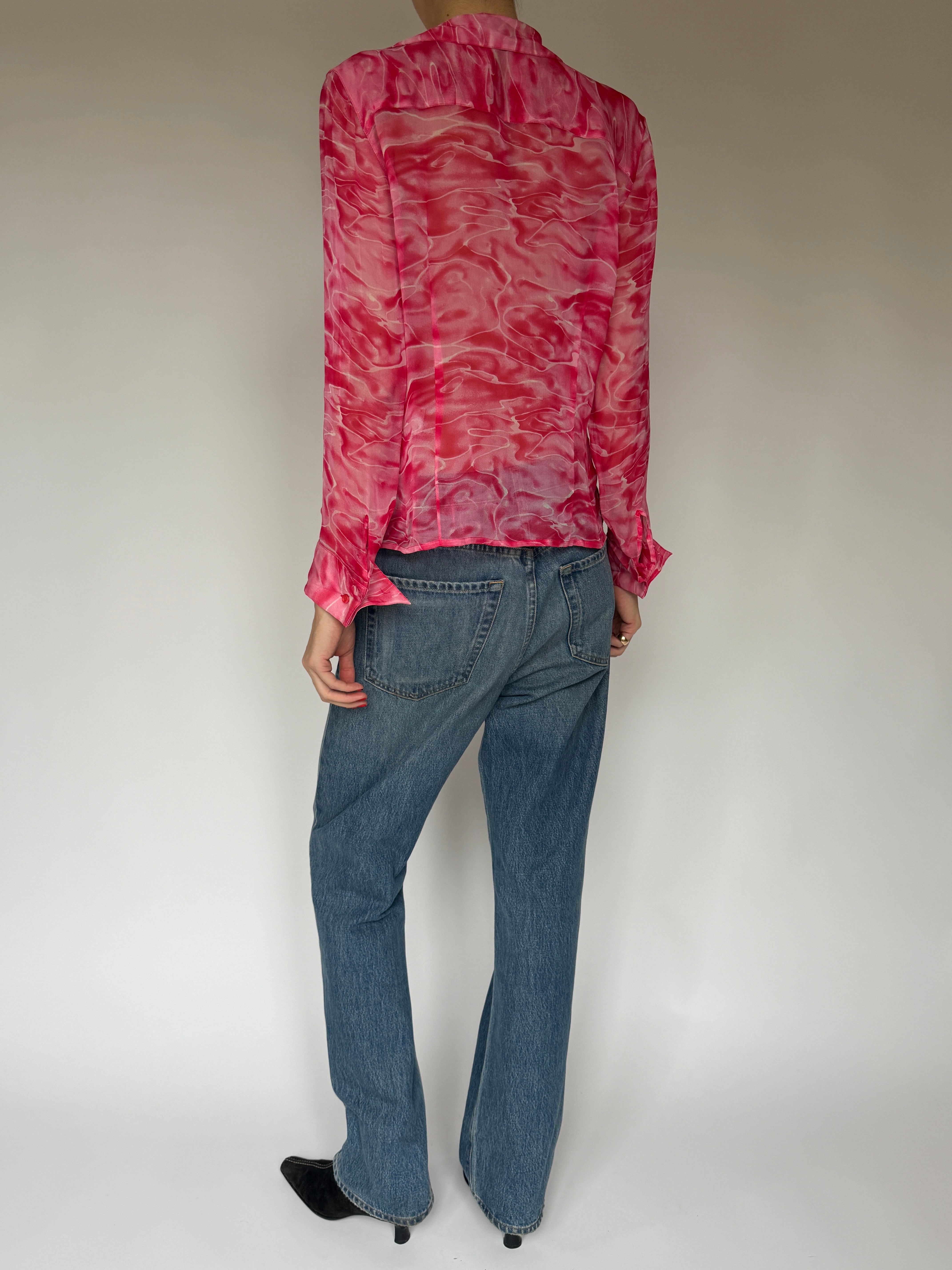 Vintage pink sheer blouse back view with collar detail