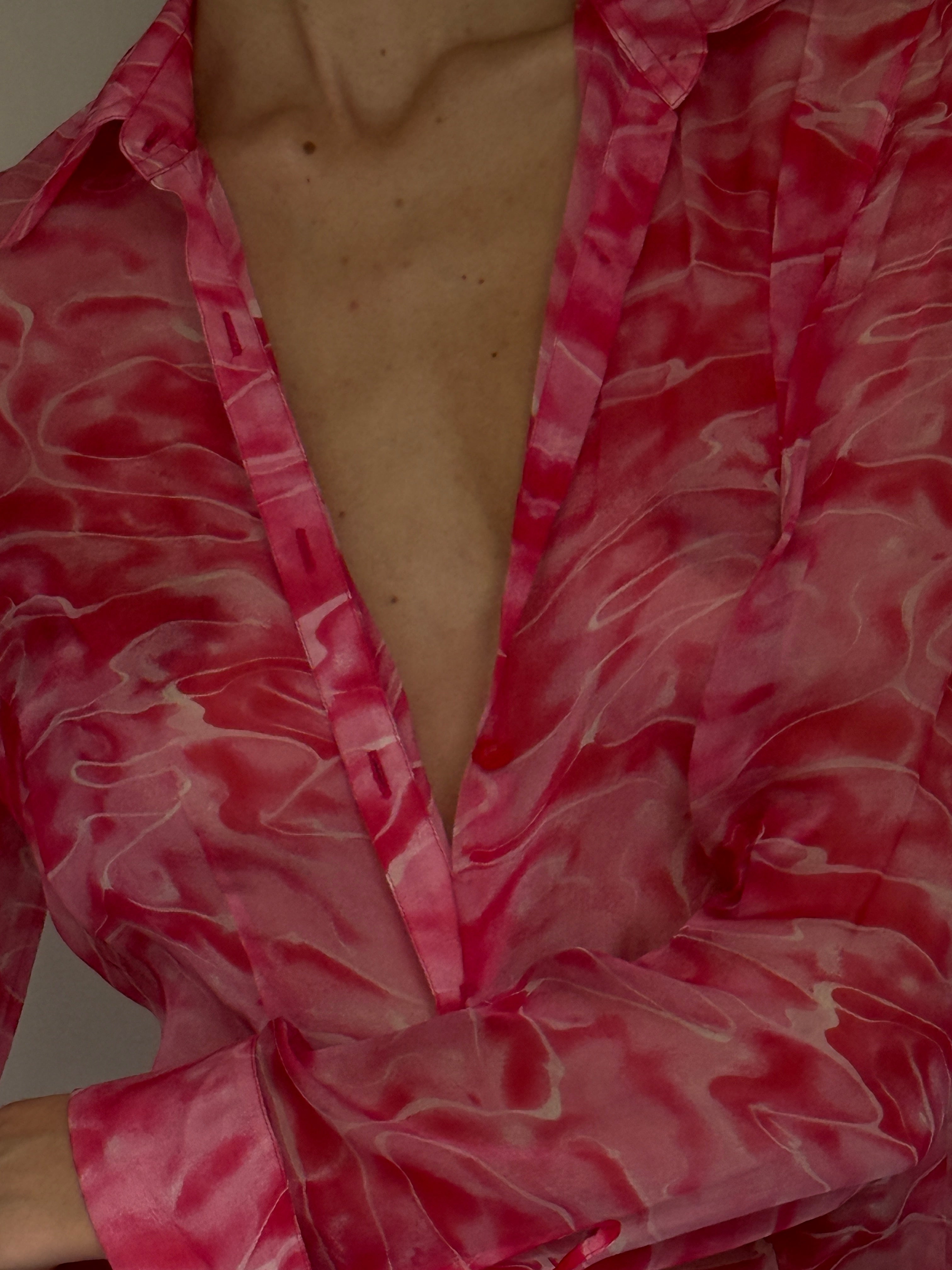 Pink abstract swirl sheer vintage blouse front detail