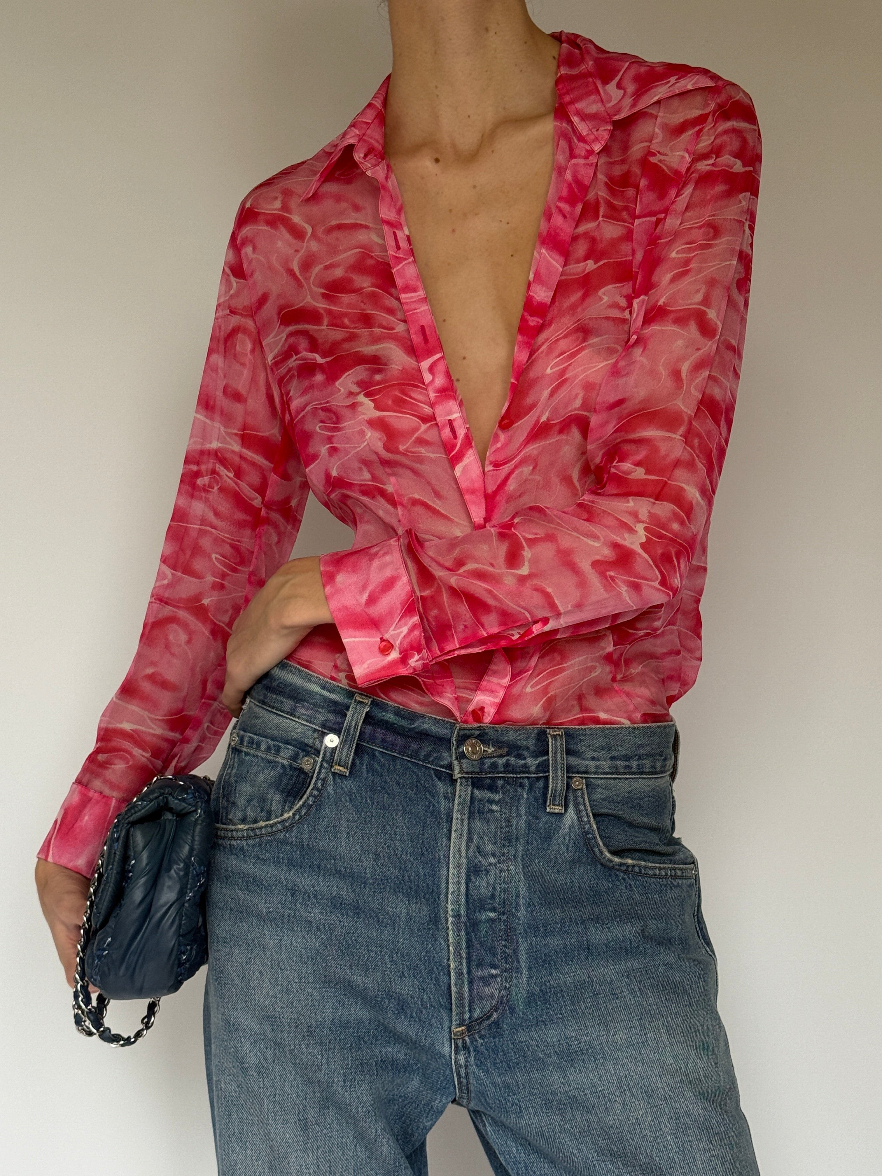 Vintage sheer pink swirl button-up blouse styled with denim