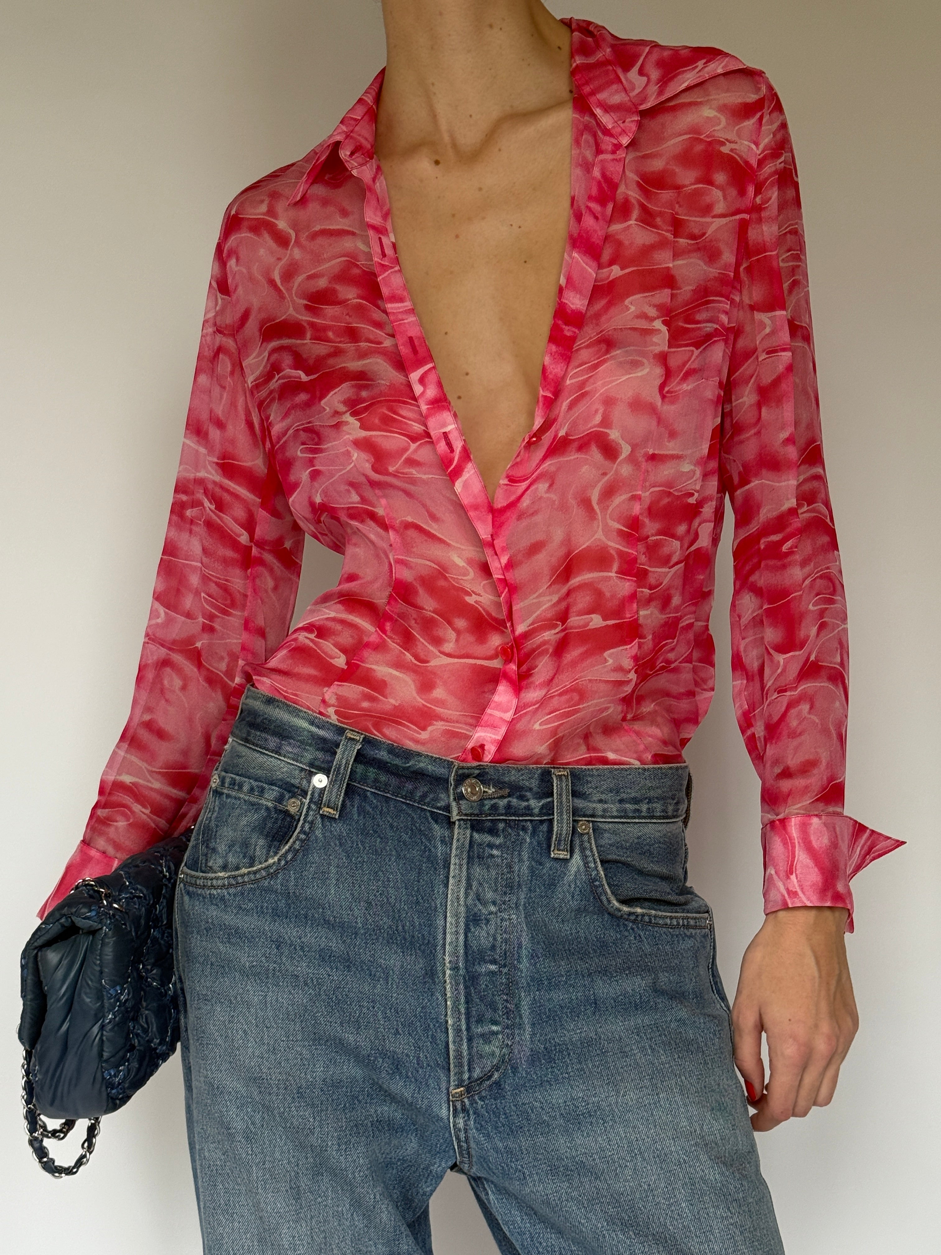 Pink abstract swirl sheer vintage blouse front detail