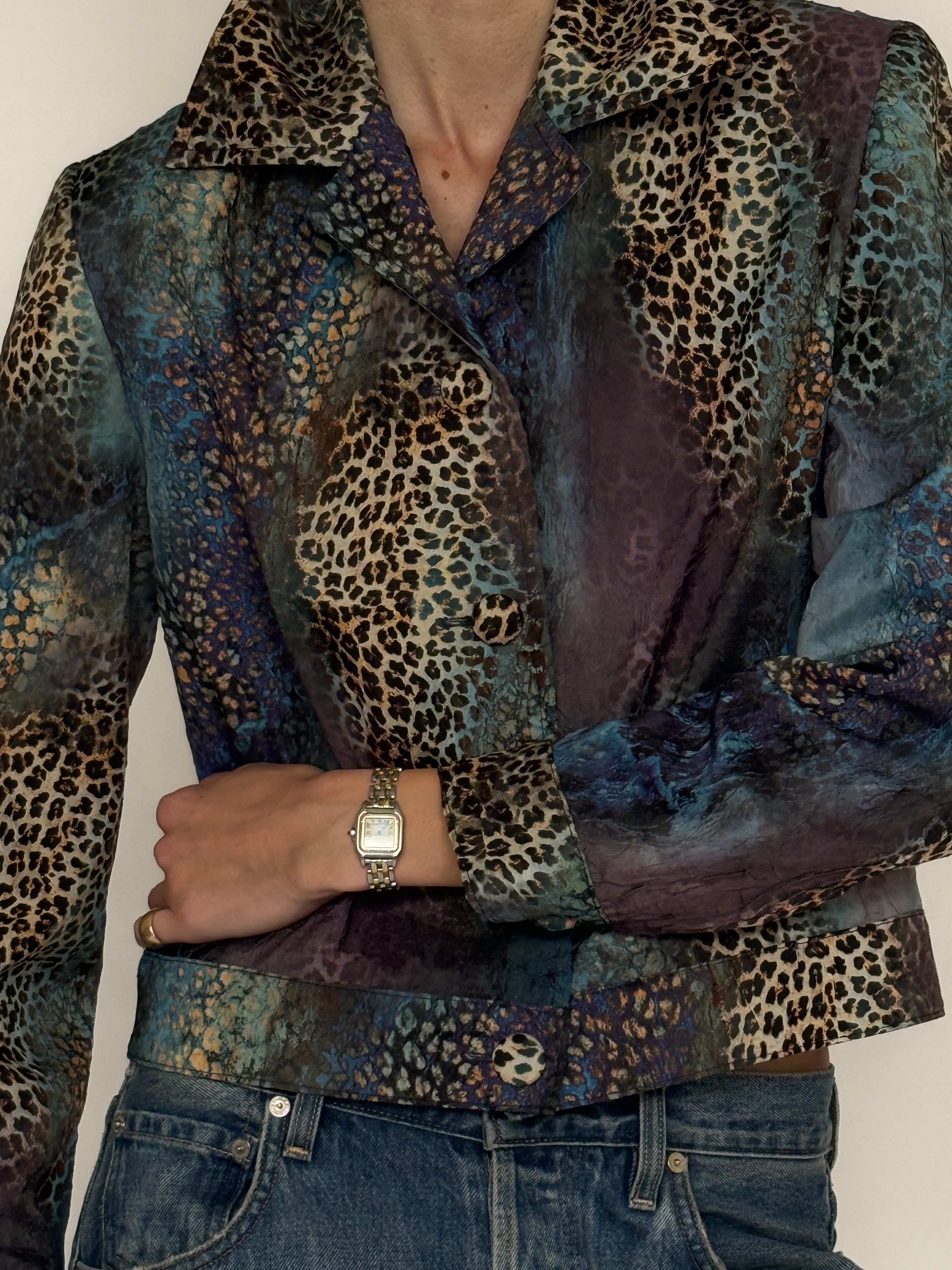 Vintage multicolor printed cropped jacket front view