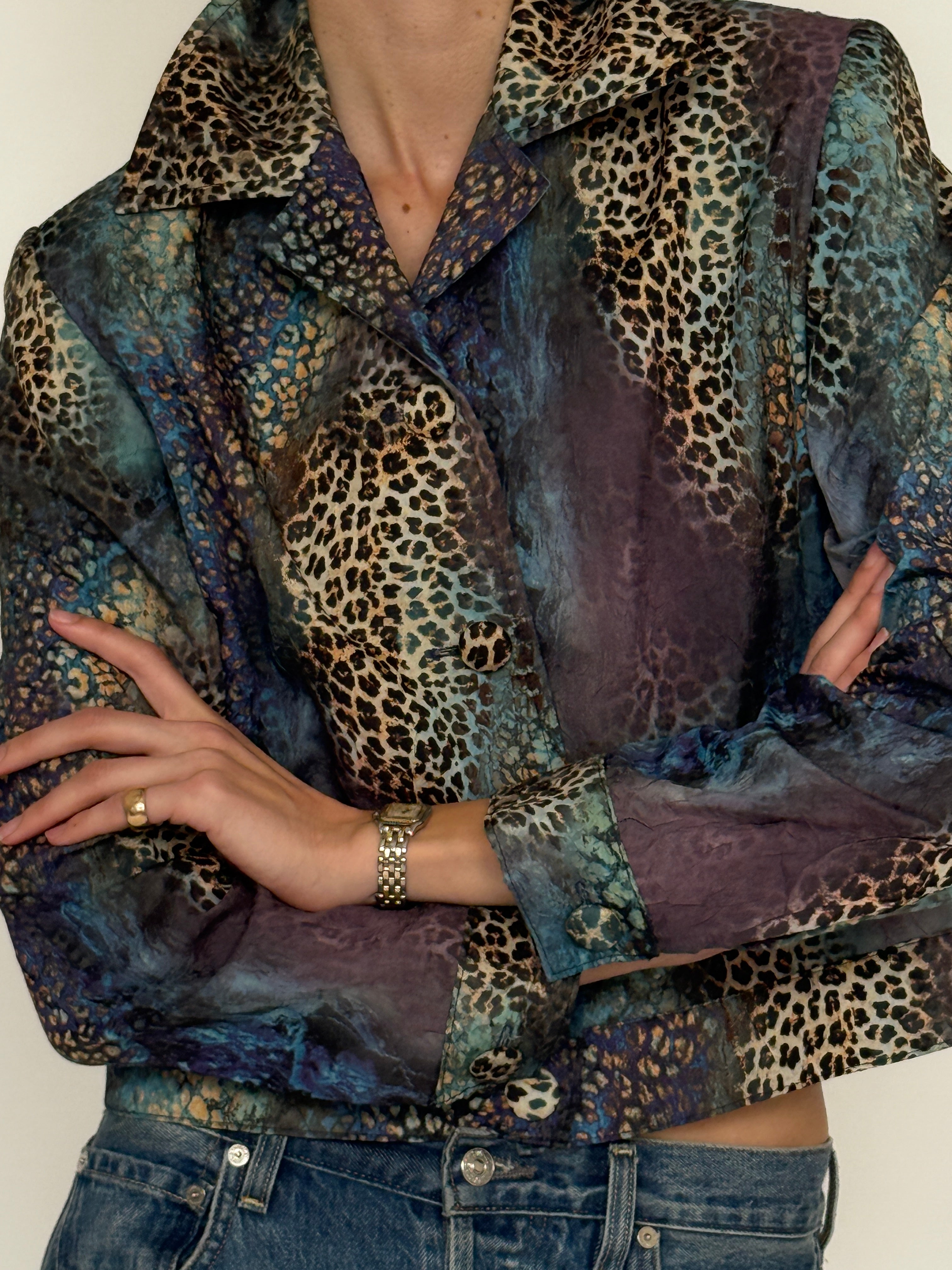 Vintage multicolor printed cropped jacket front view