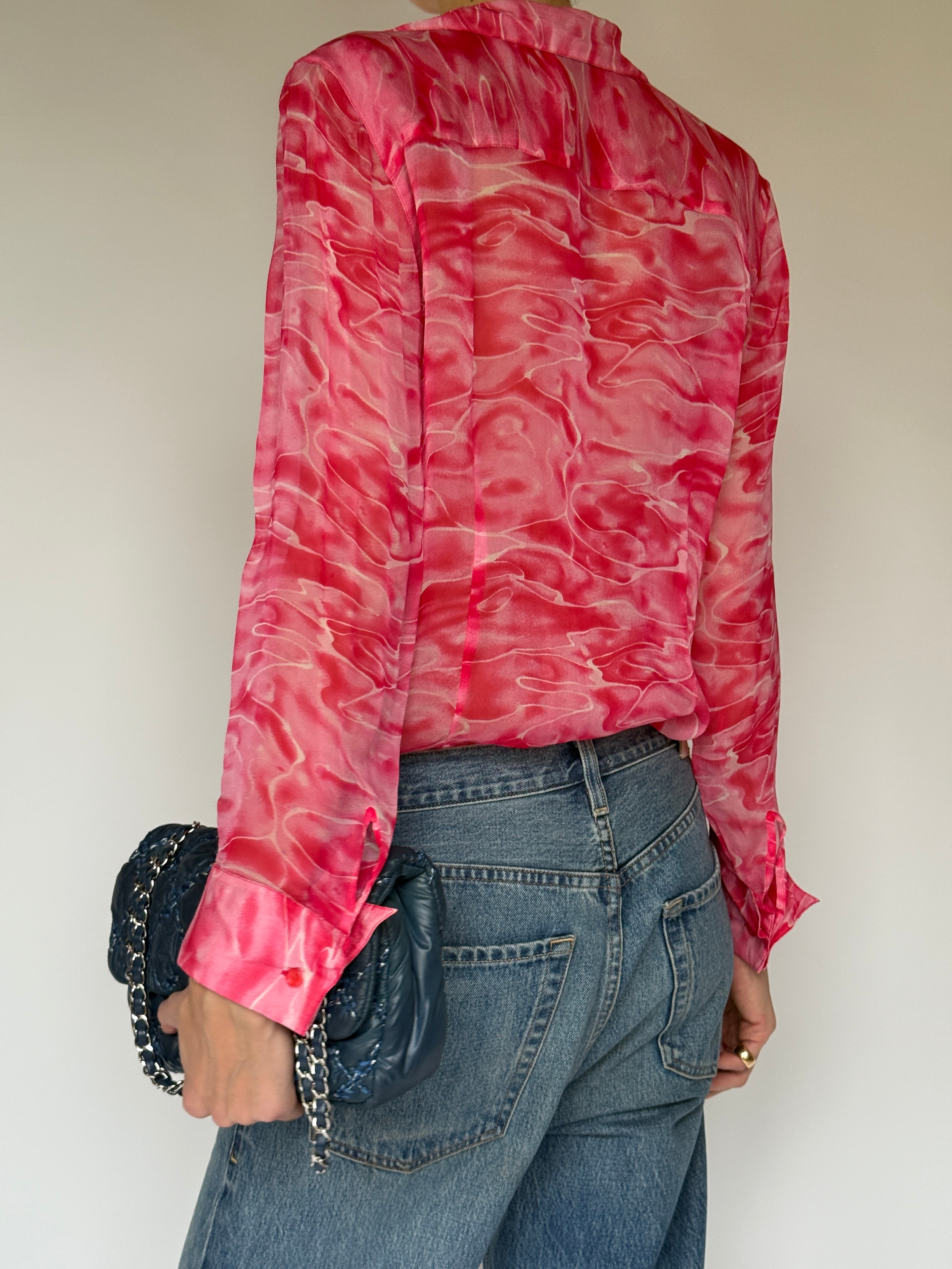 Vintage pink sheer blouse back view with collar detail