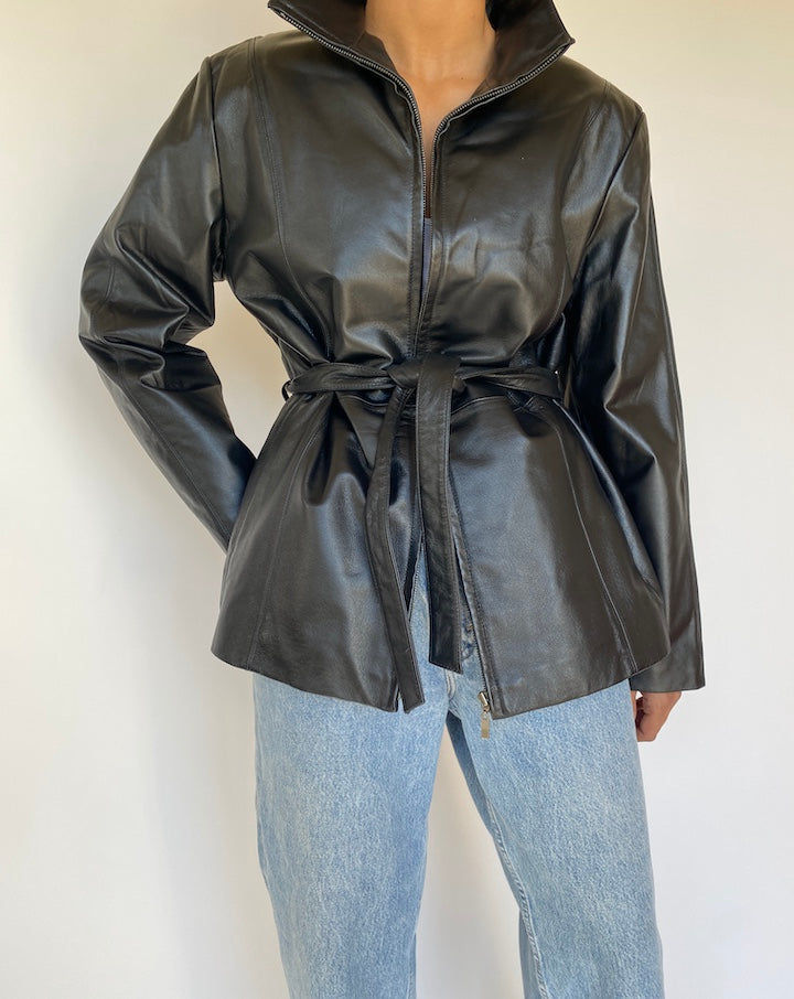 VINTAGE BLACK LEATHER SHORT TRENCH 3226