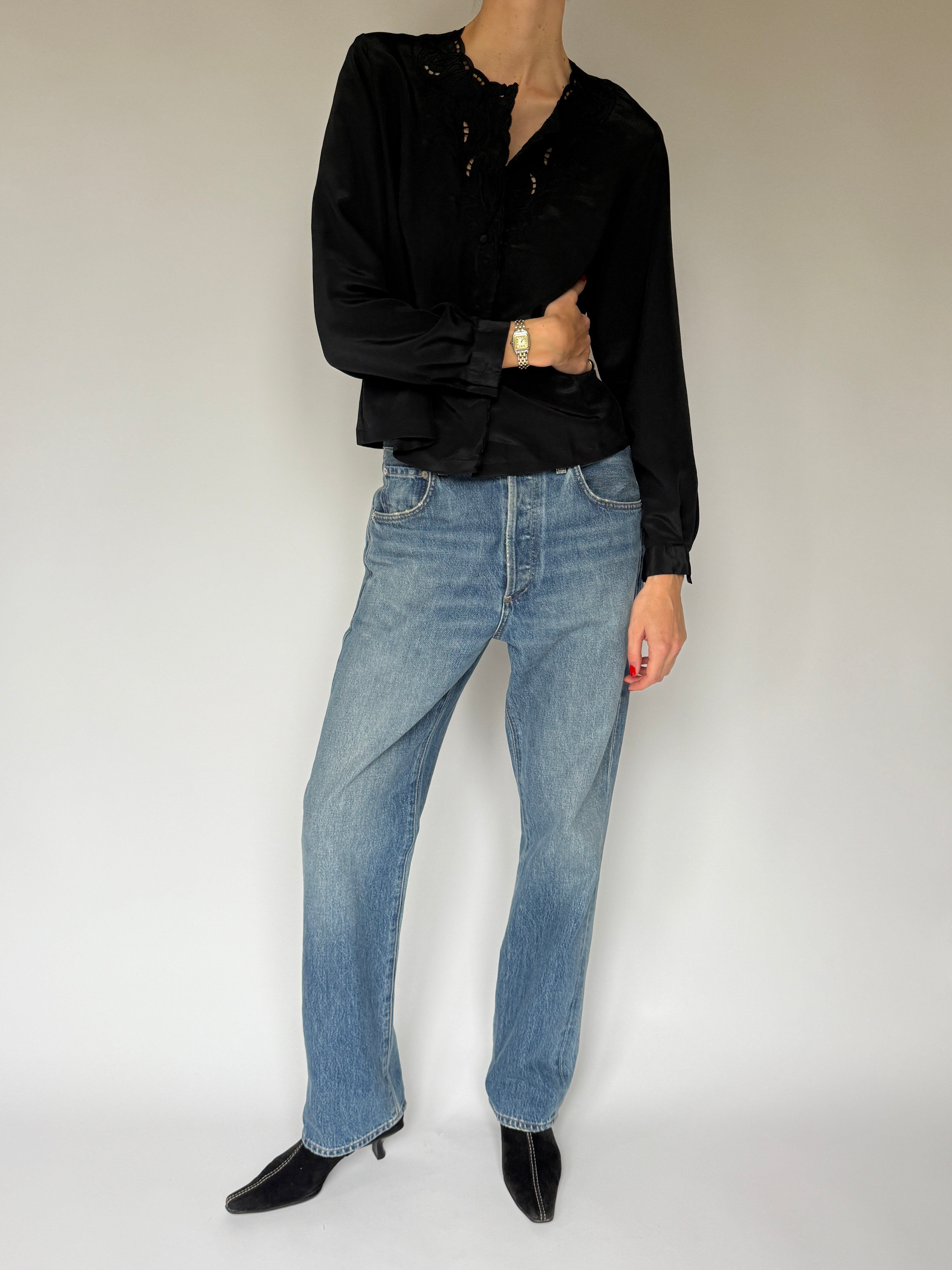 Vintage Scalloped-Neckline Blouse Black 7064