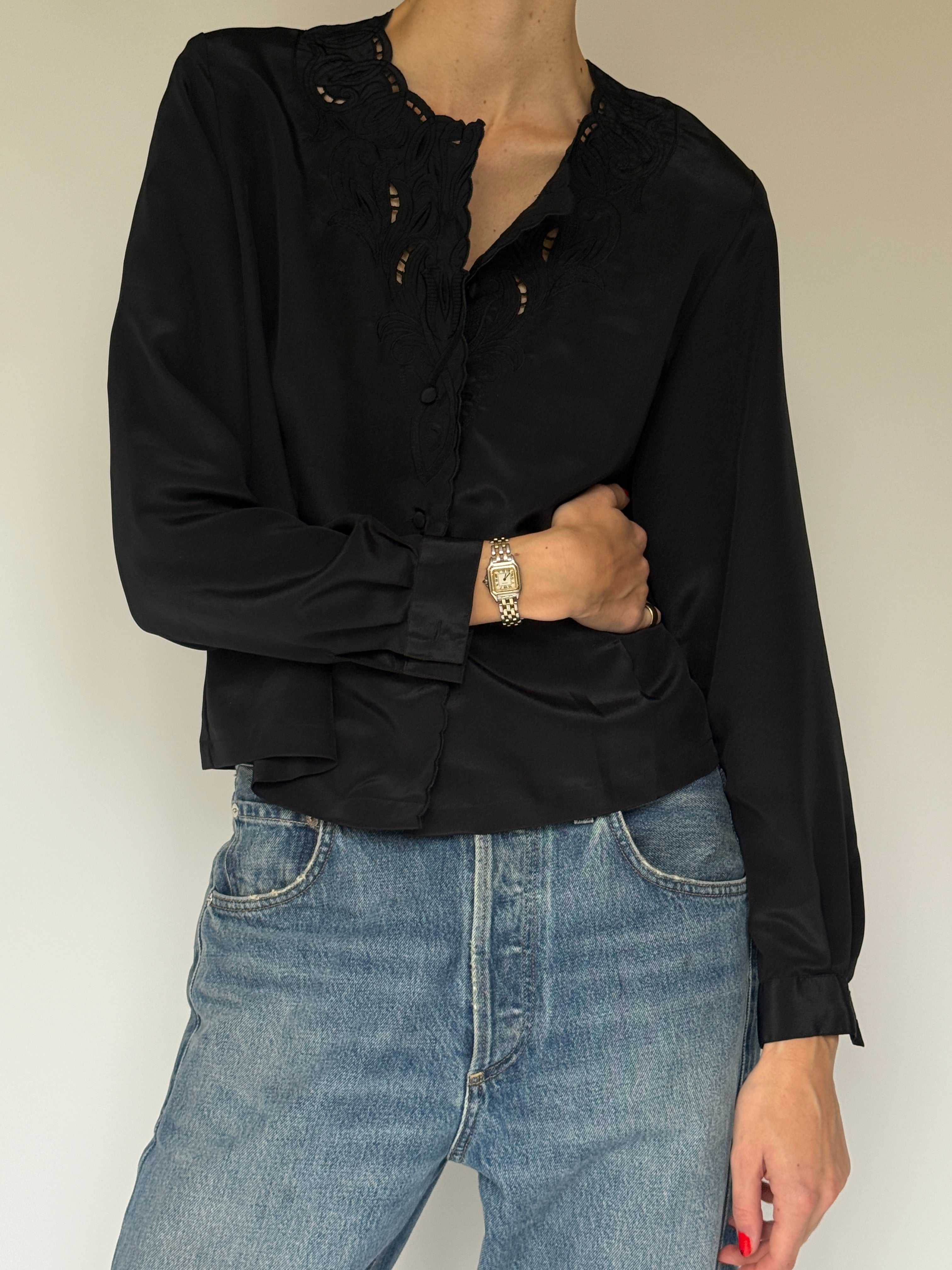 Vintage Scalloped-Neckline Blouse Black 7064