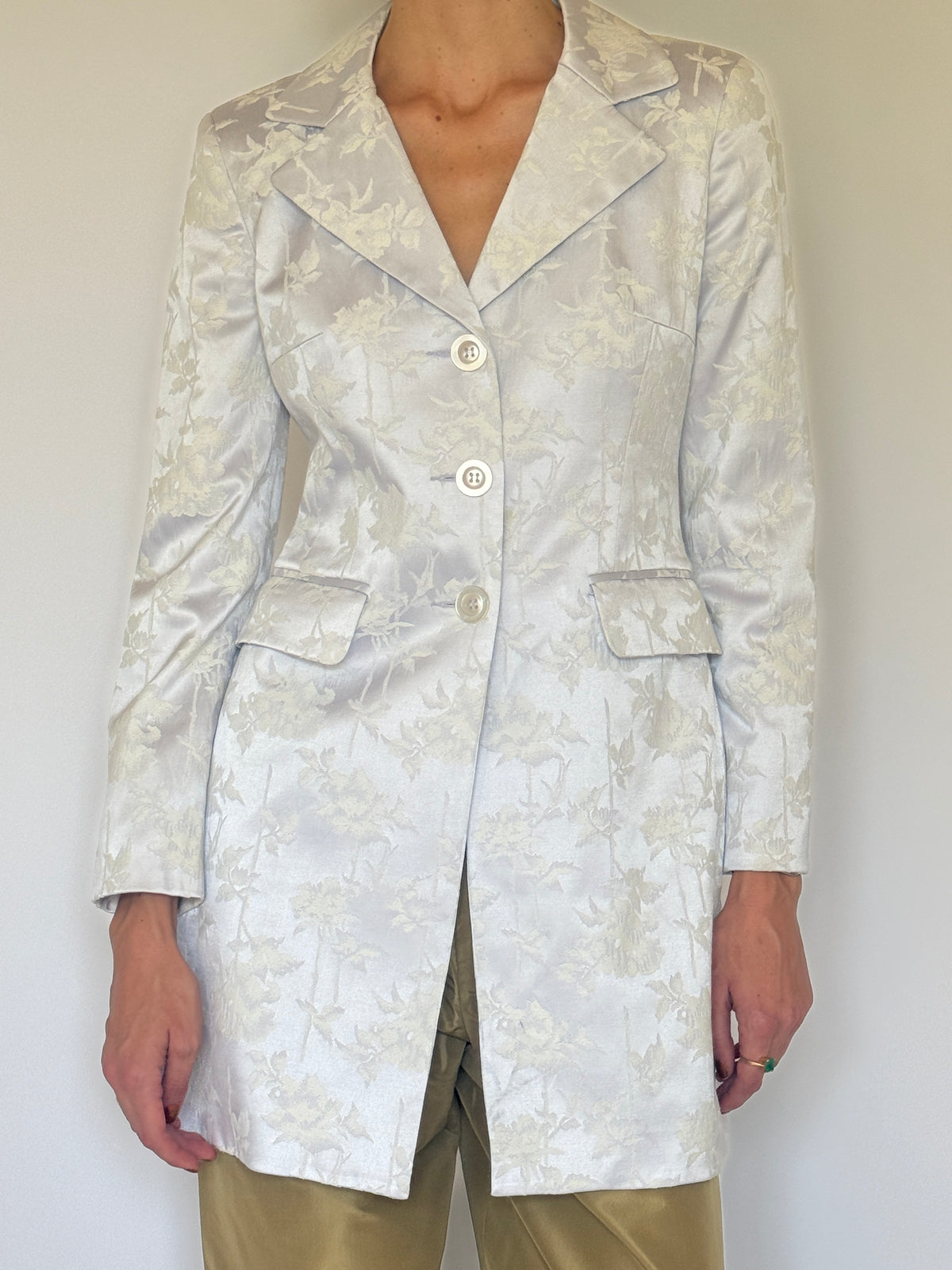 Vintage Floral Jacquard Longline Blazer Icy Blue 8202