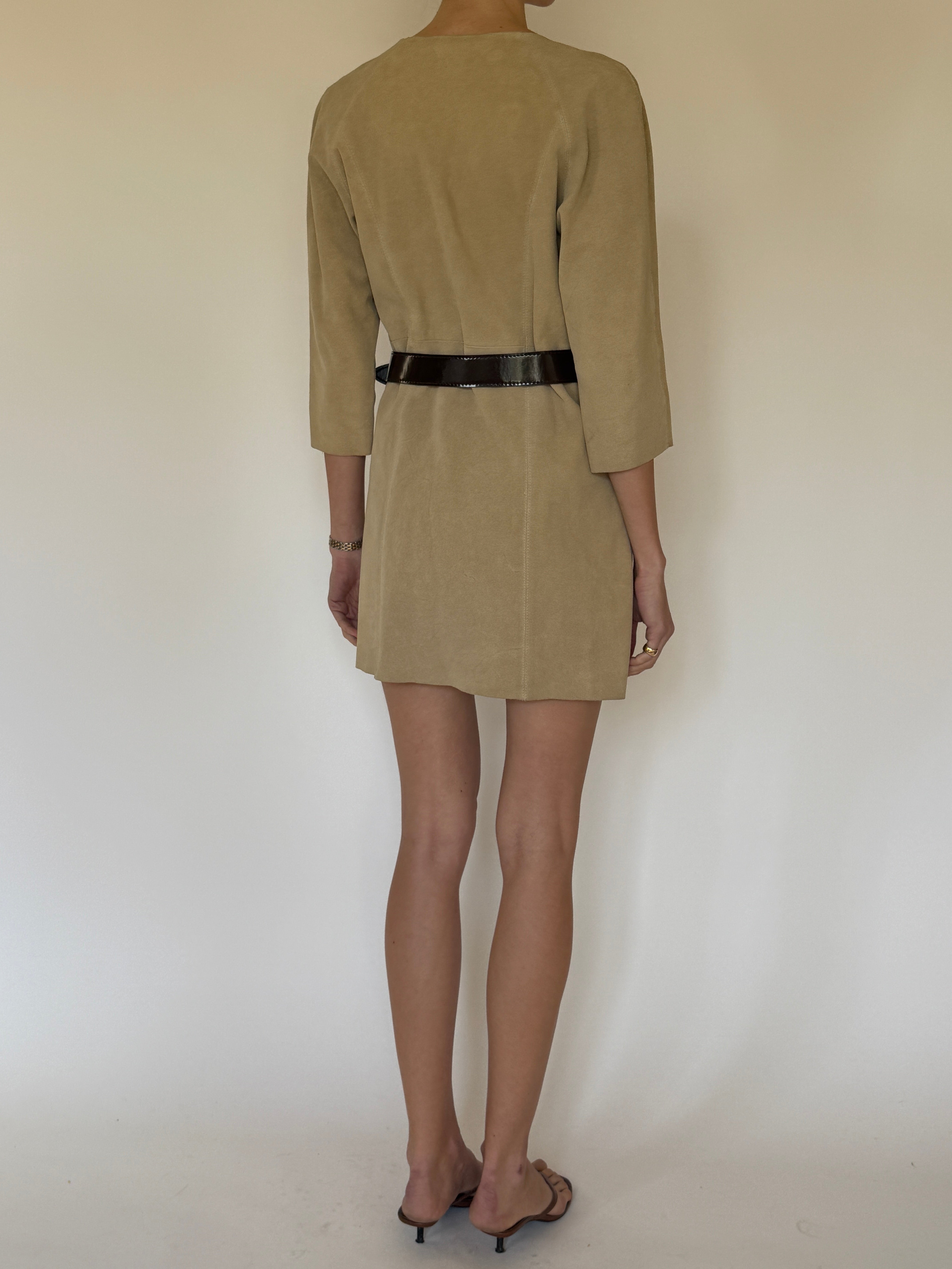 Vintage beige suede mini dress front view paneled silhouette