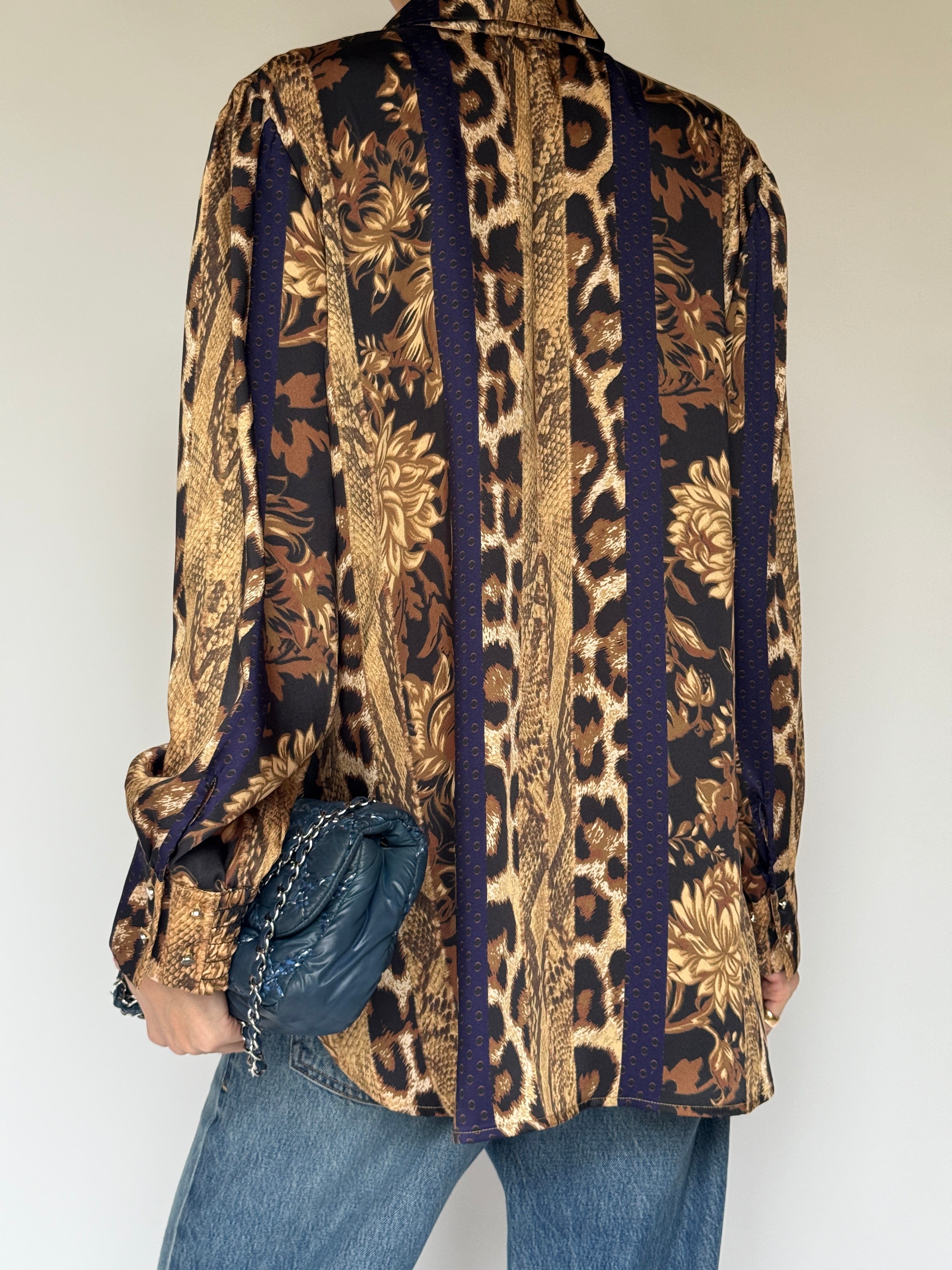 Vintage Mixed-Print Satin Button-Down Blouse