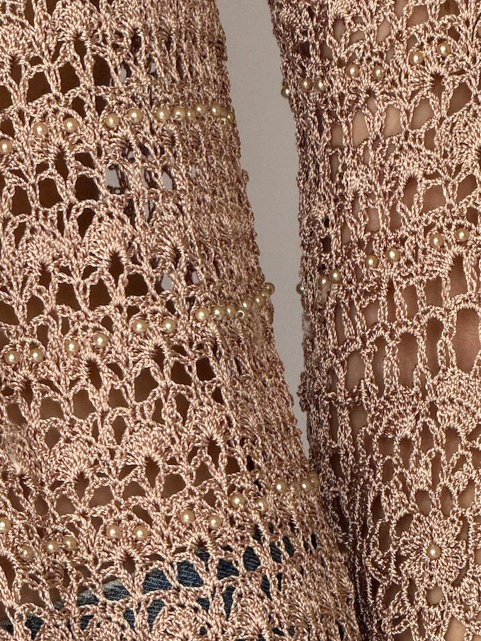 Vintage Crochet & Bead Top Beige 6528