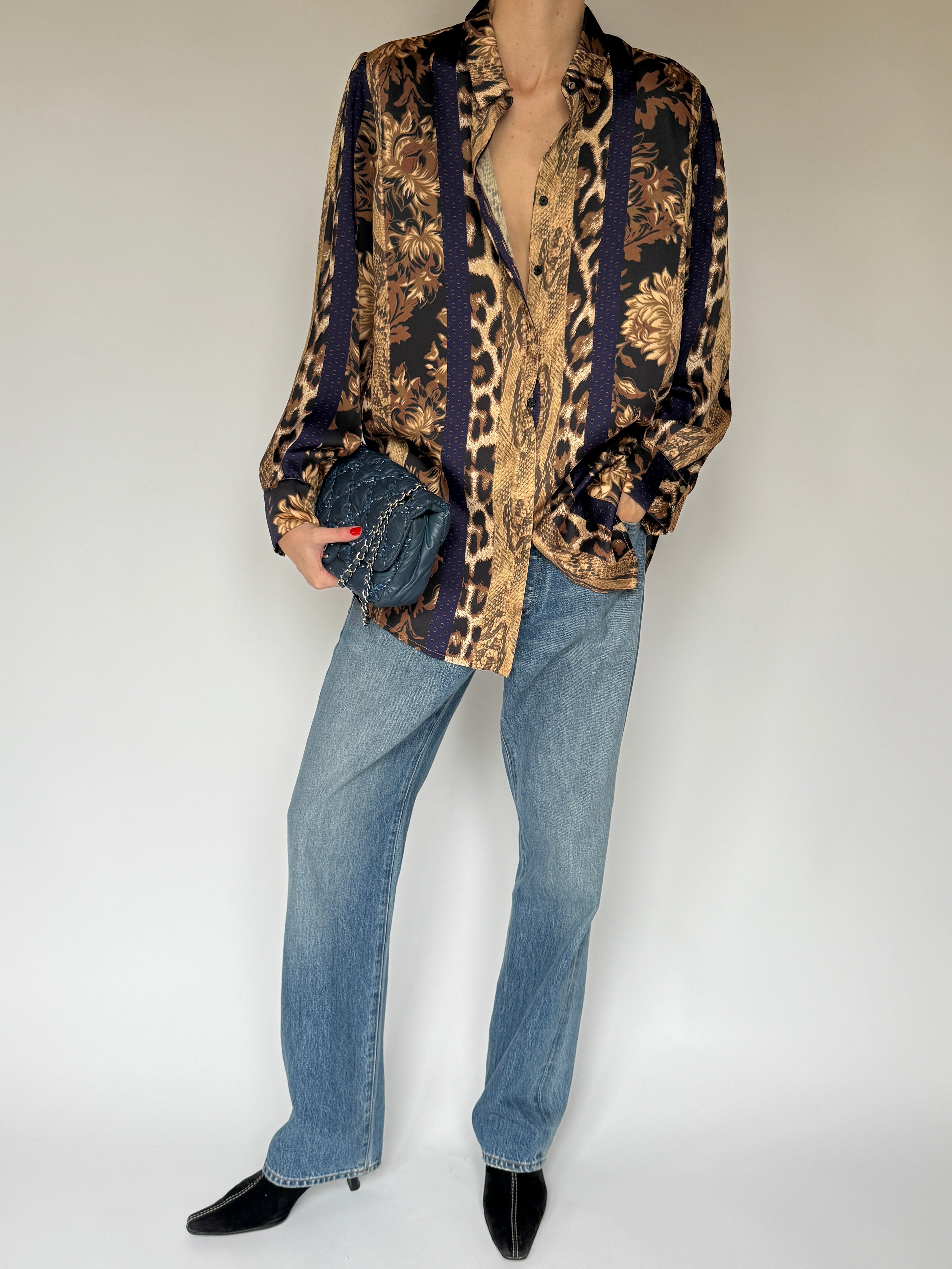 Vintage Mixed-Print Satin Button-Down Blouse