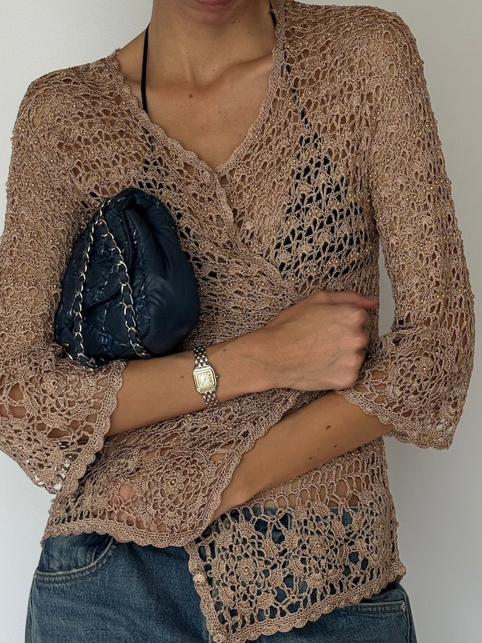 Vintage Crochet & Bead Top Beige 6528
