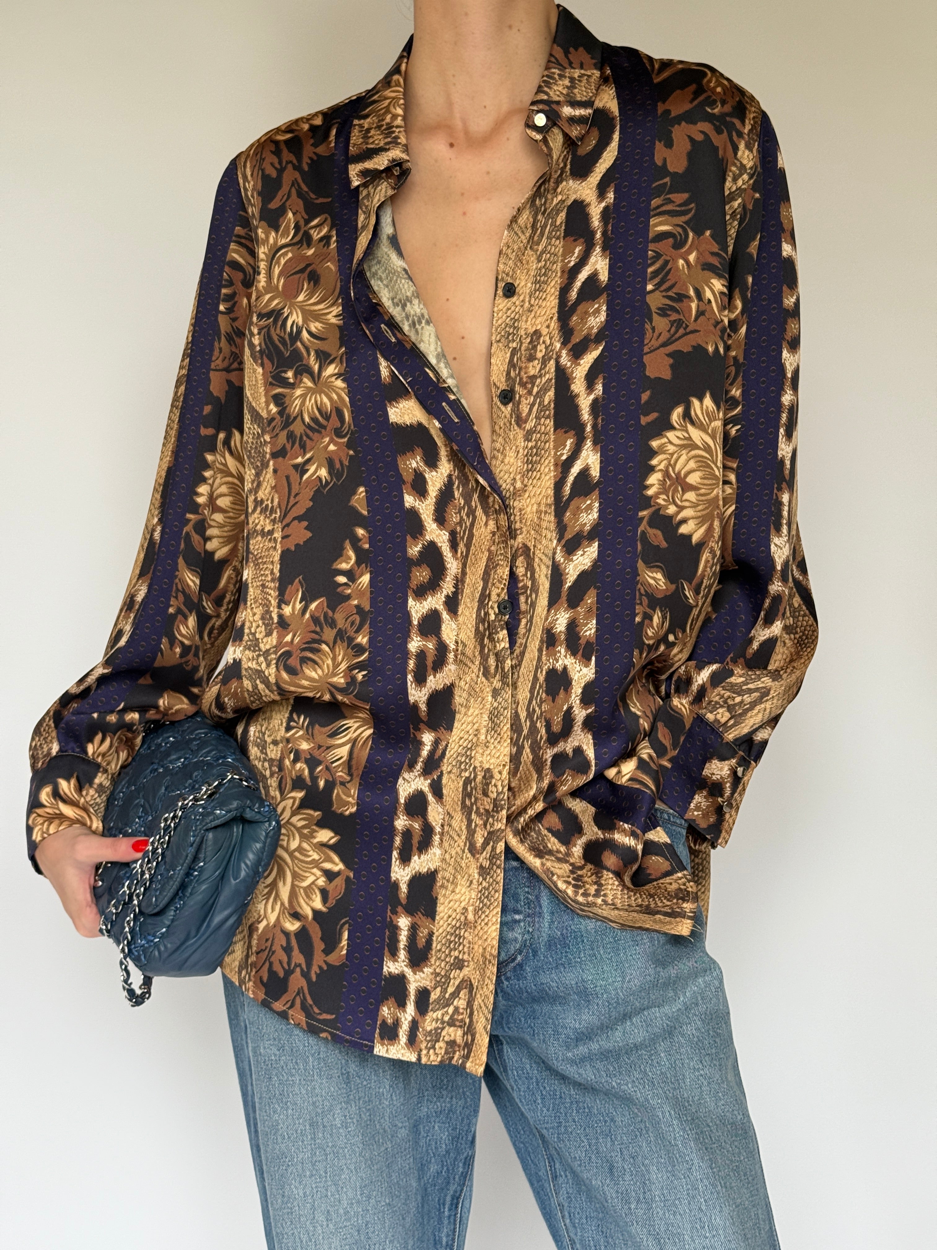 Vintage Mixed-Print Satin Button-Down Blouse