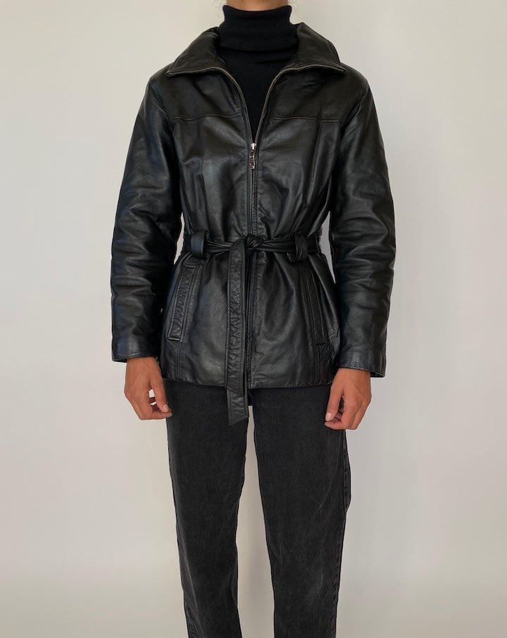 VINTAGE BLACK SHORT TRENCH LEATHER JACKET 2046