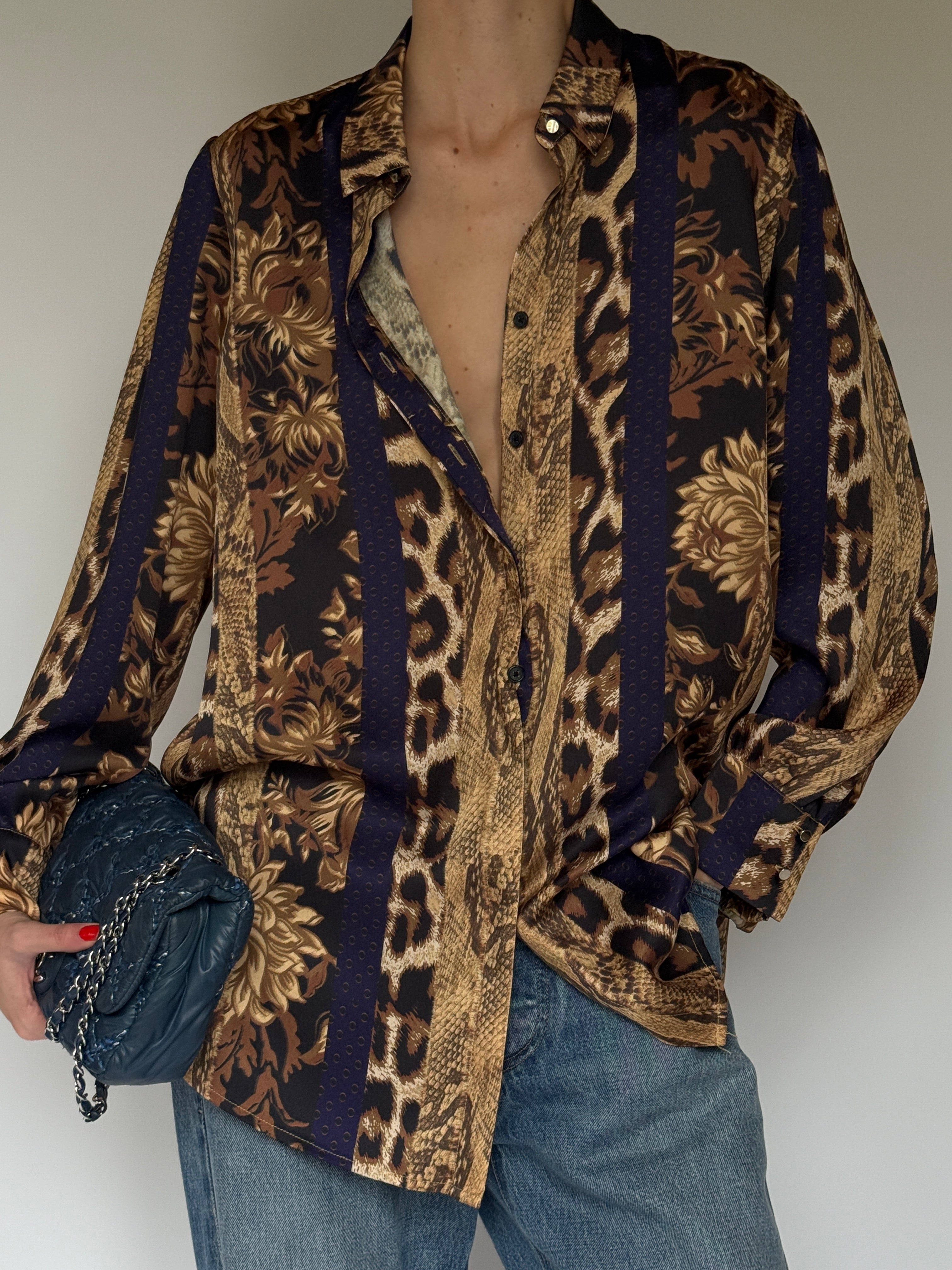 Vintage Mixed-Print Satin Button-Down Blouse