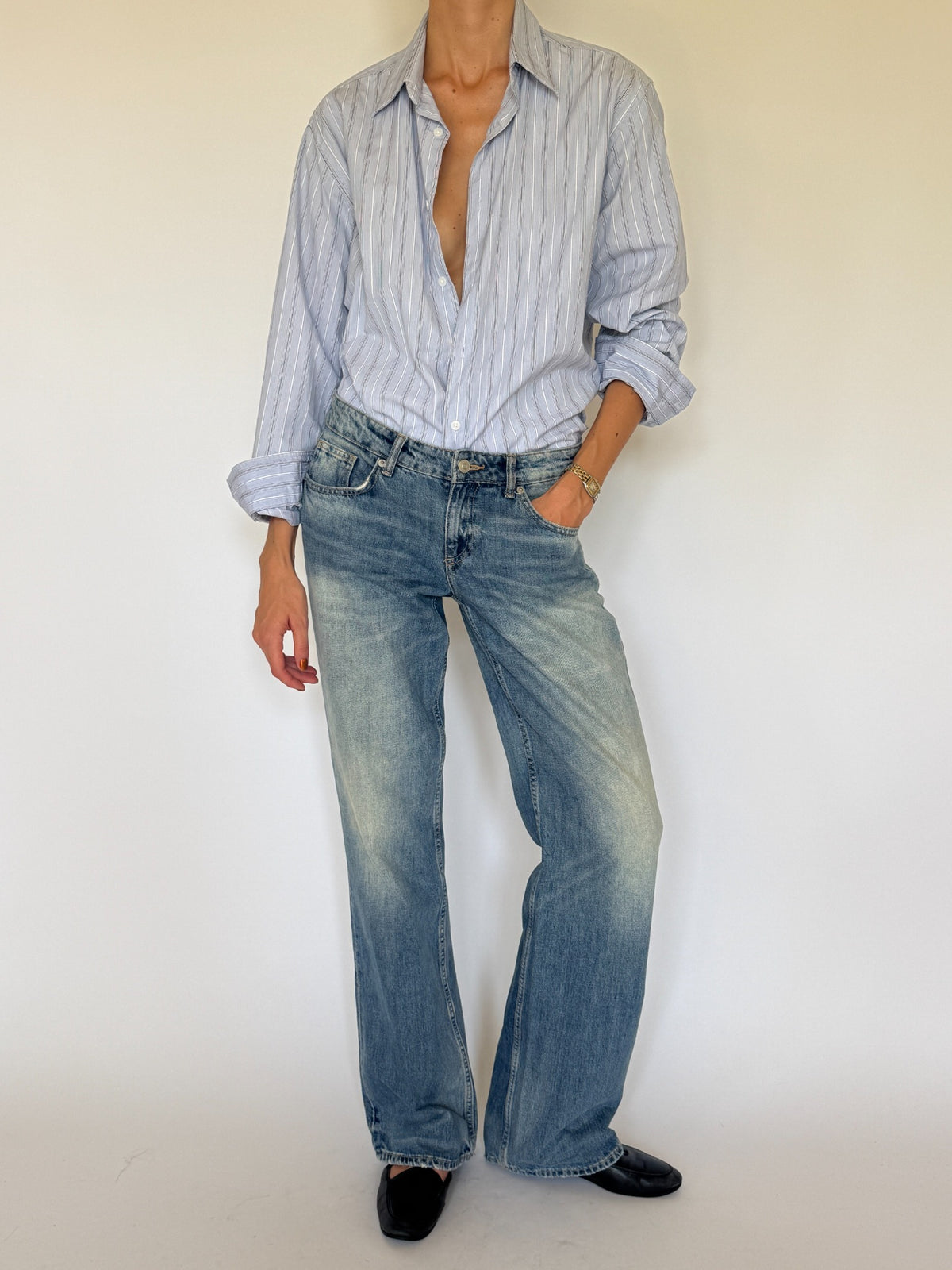 Vintage blue striped cotton shirt styled front view