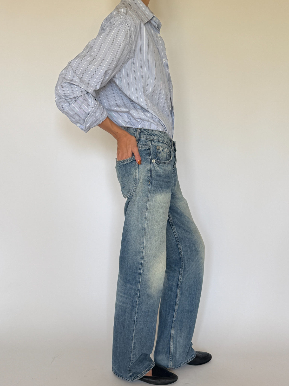 Vintage blue striped cotton shirt side view