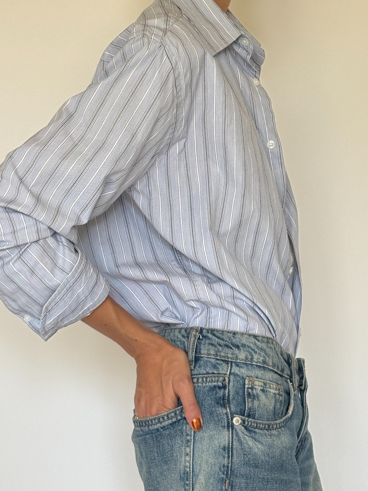 Vintage blue striped cotton shirt cuff and side detail