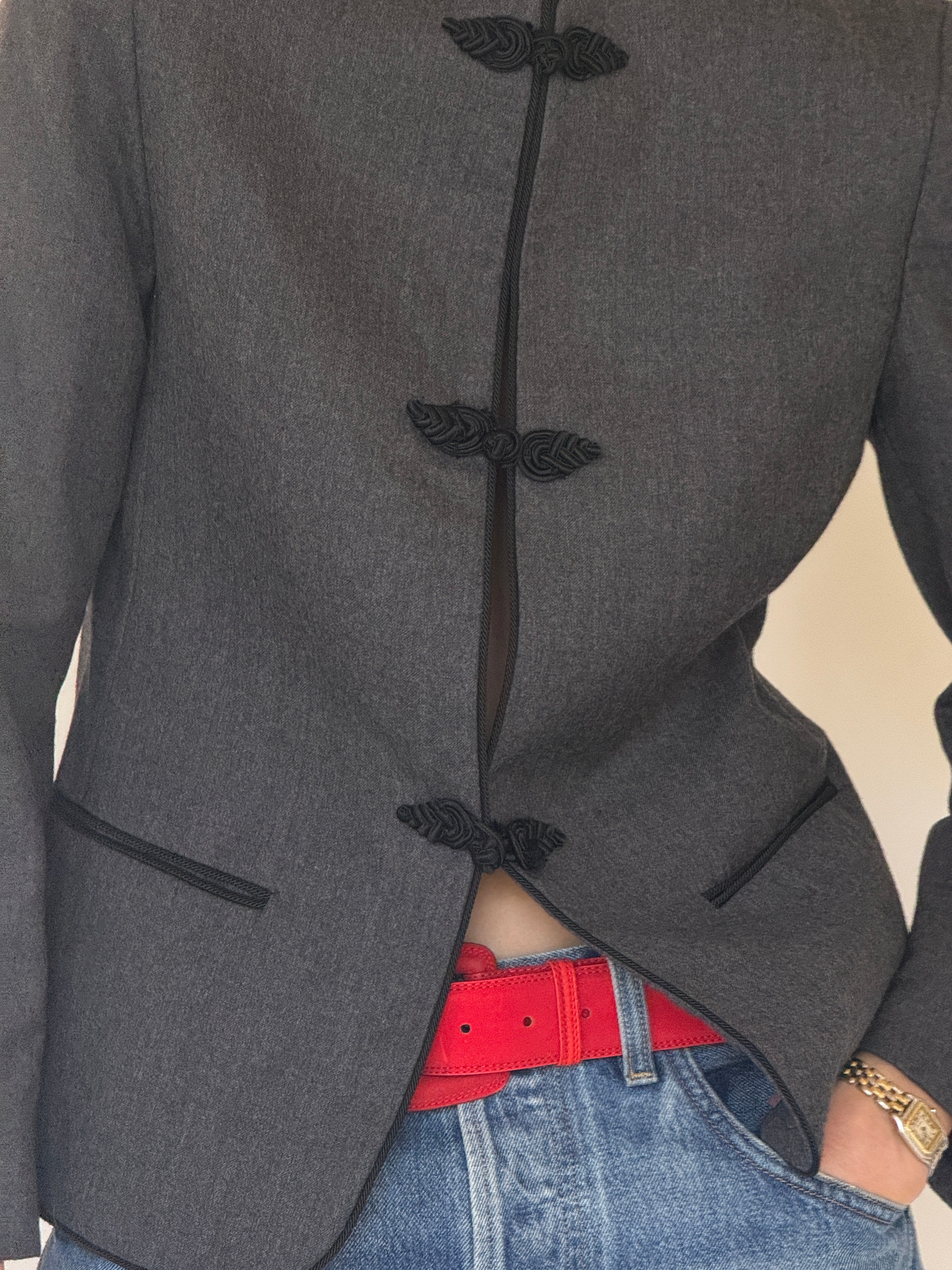 Vintage grey wool frog closure jacket trim detail