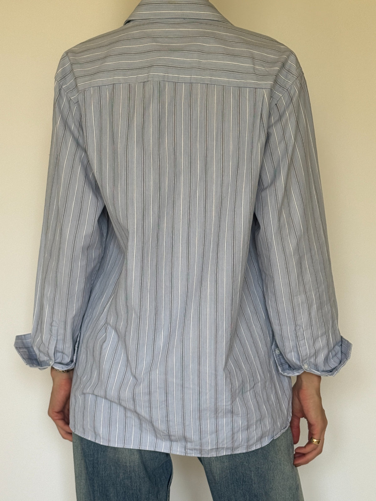 Vintage blue striped cotton shirt collar detail