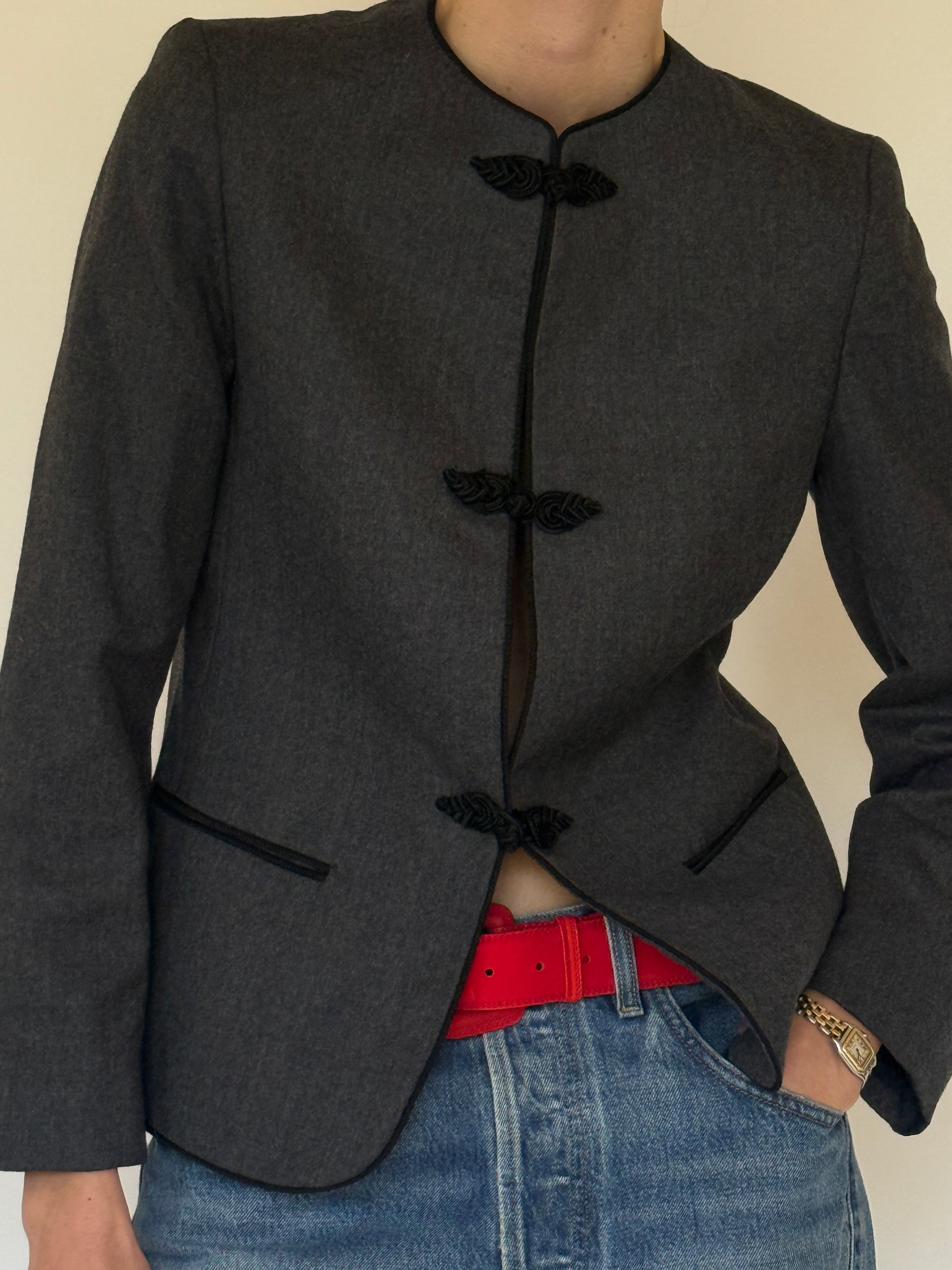 Vintage grey wool frog closure jacket trim detail