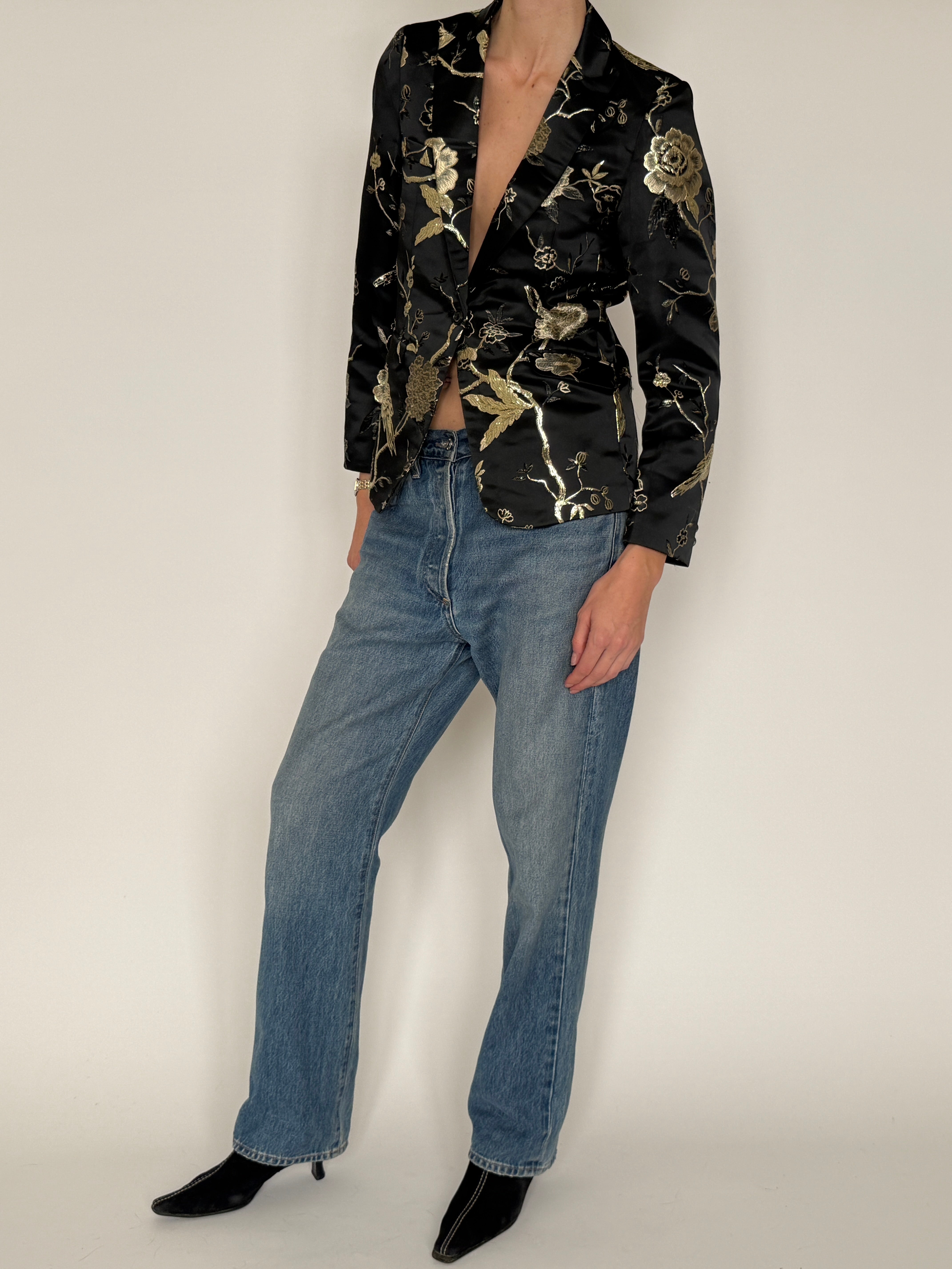 Vintage black blazer with gold embroidery side view