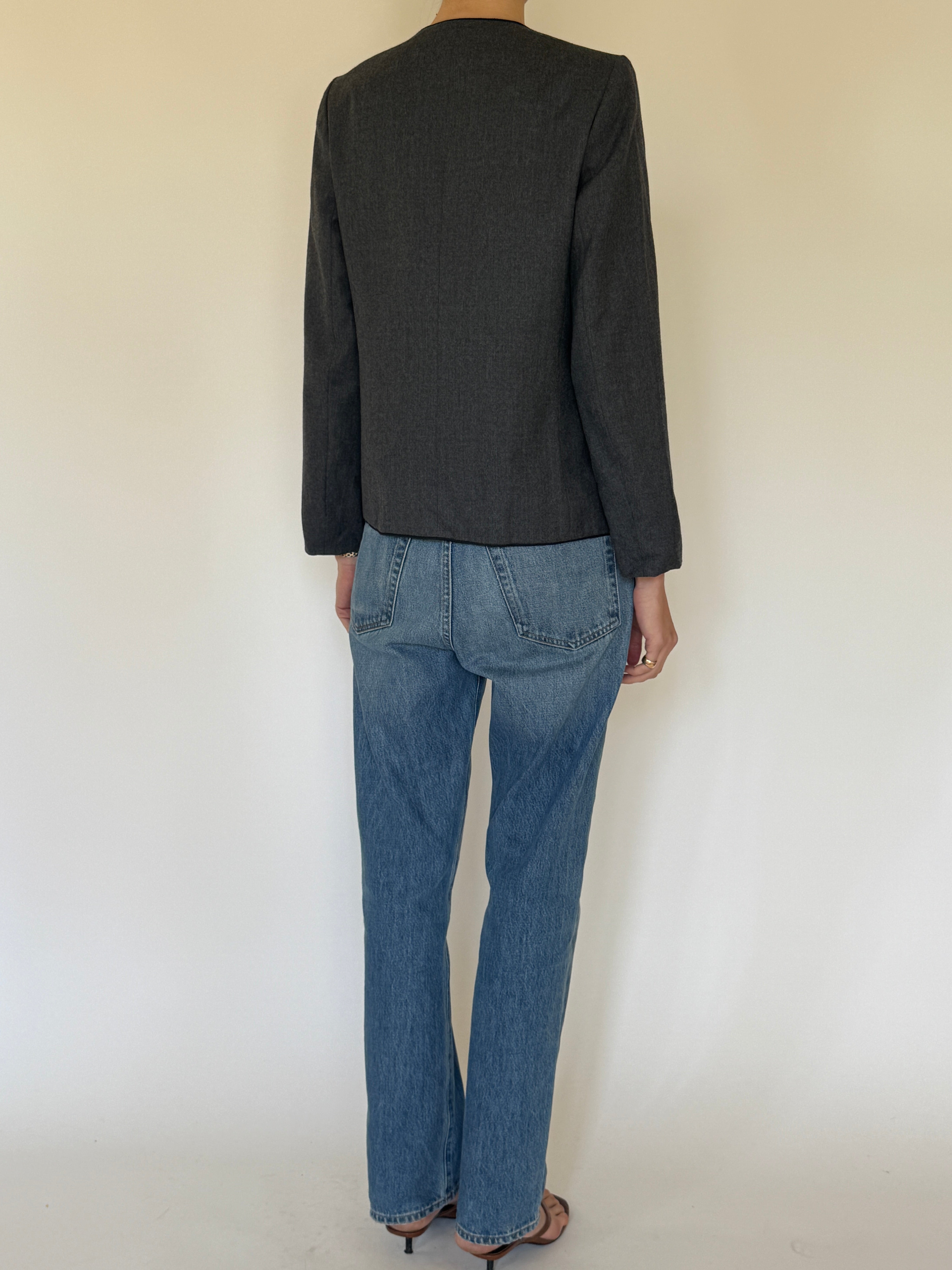 Vintage grey wool frog closure jacket back view