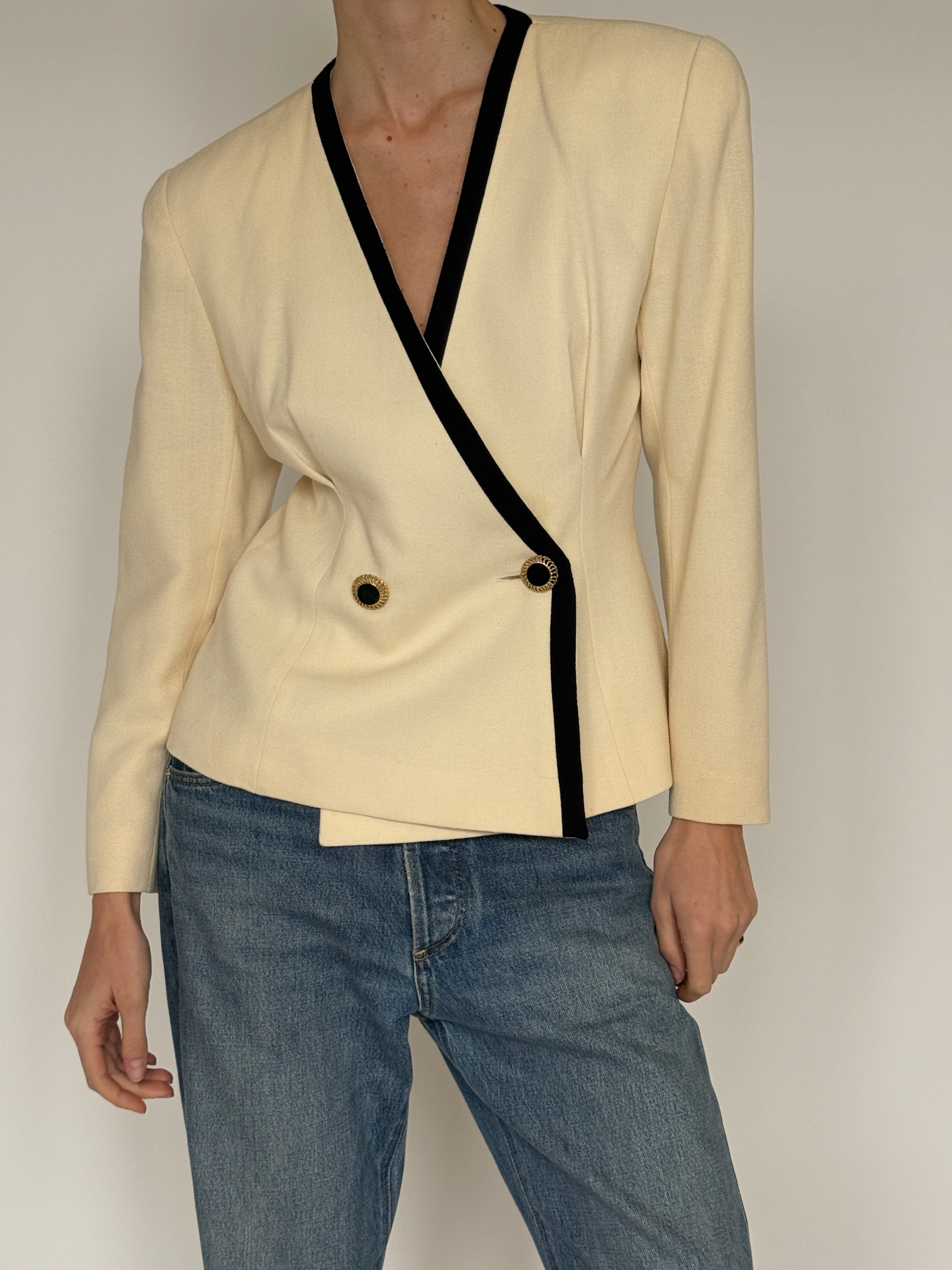 Vintage cream wrap blazer with black trim front view