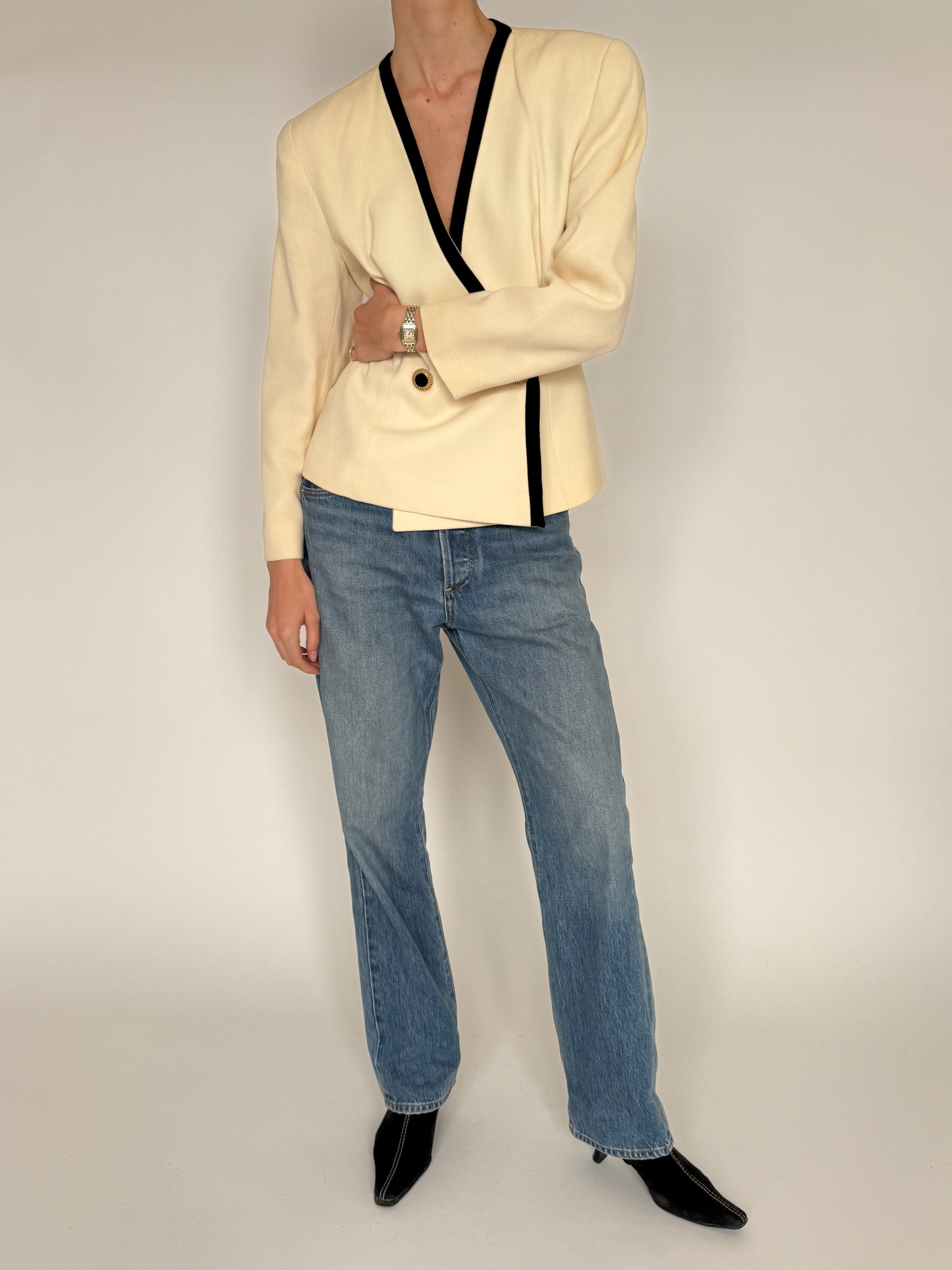 Vintage cream structured wrap blazer waist detail