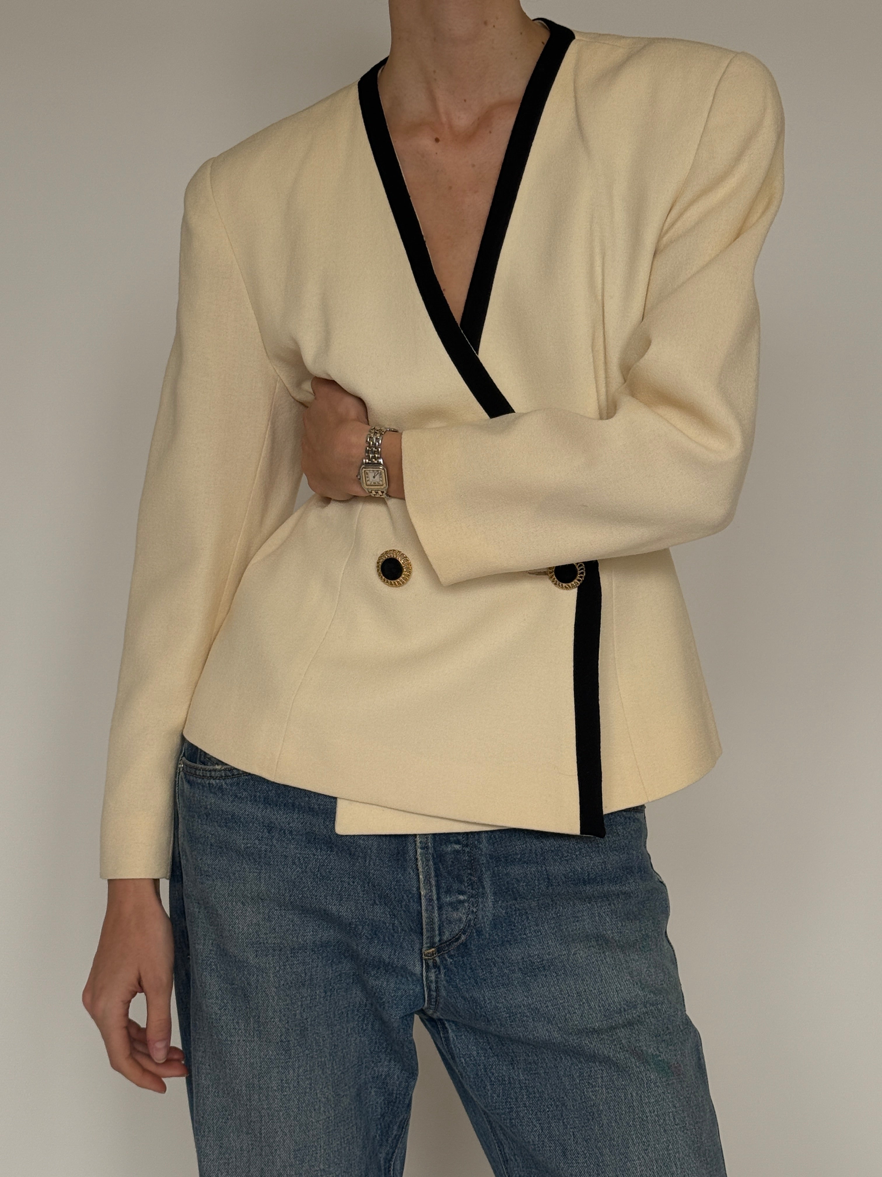 Vintage cream structured wrap blazer waist detail