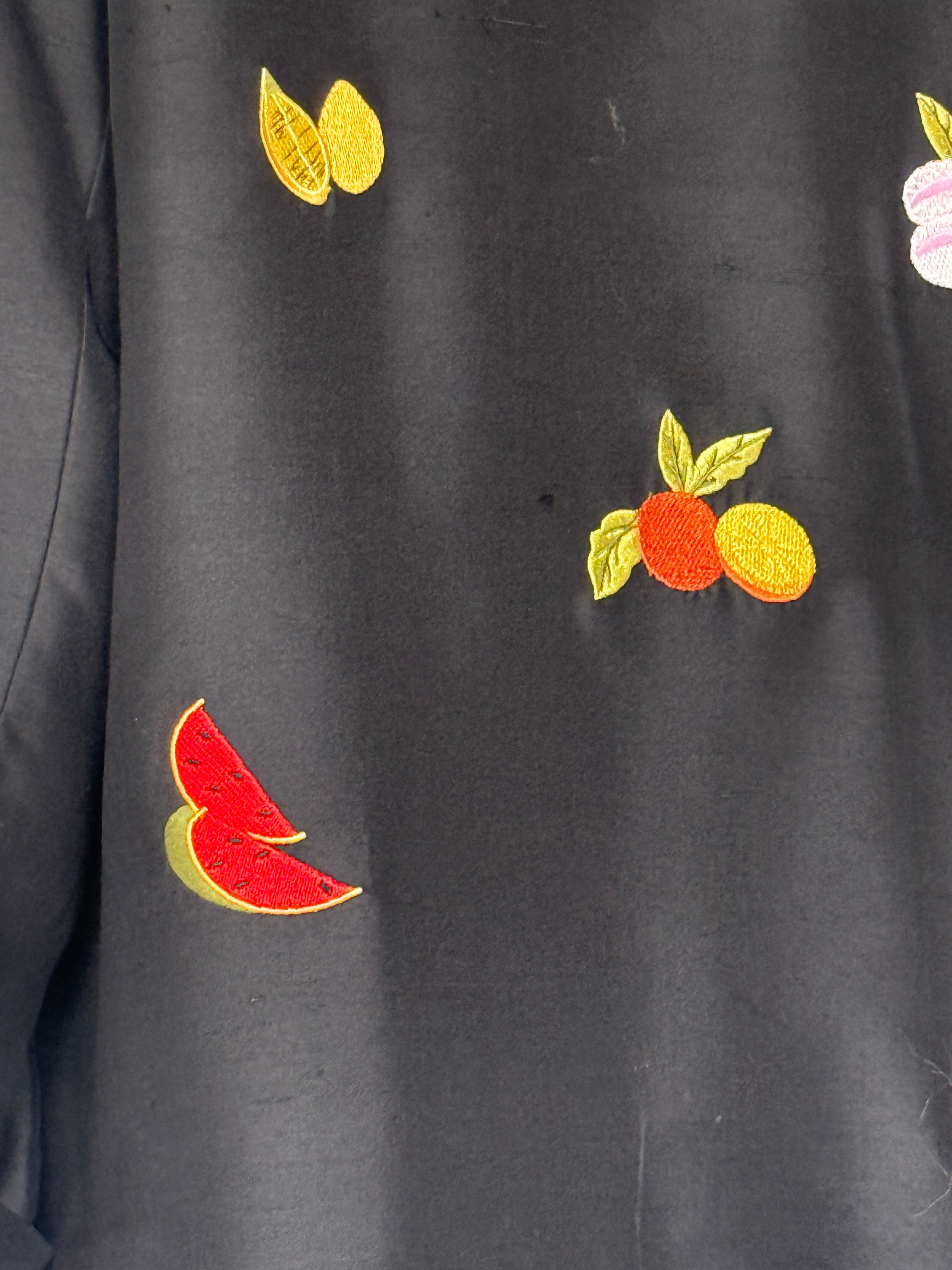 Vintage black silk embroidered fruit jacket embroidery detail