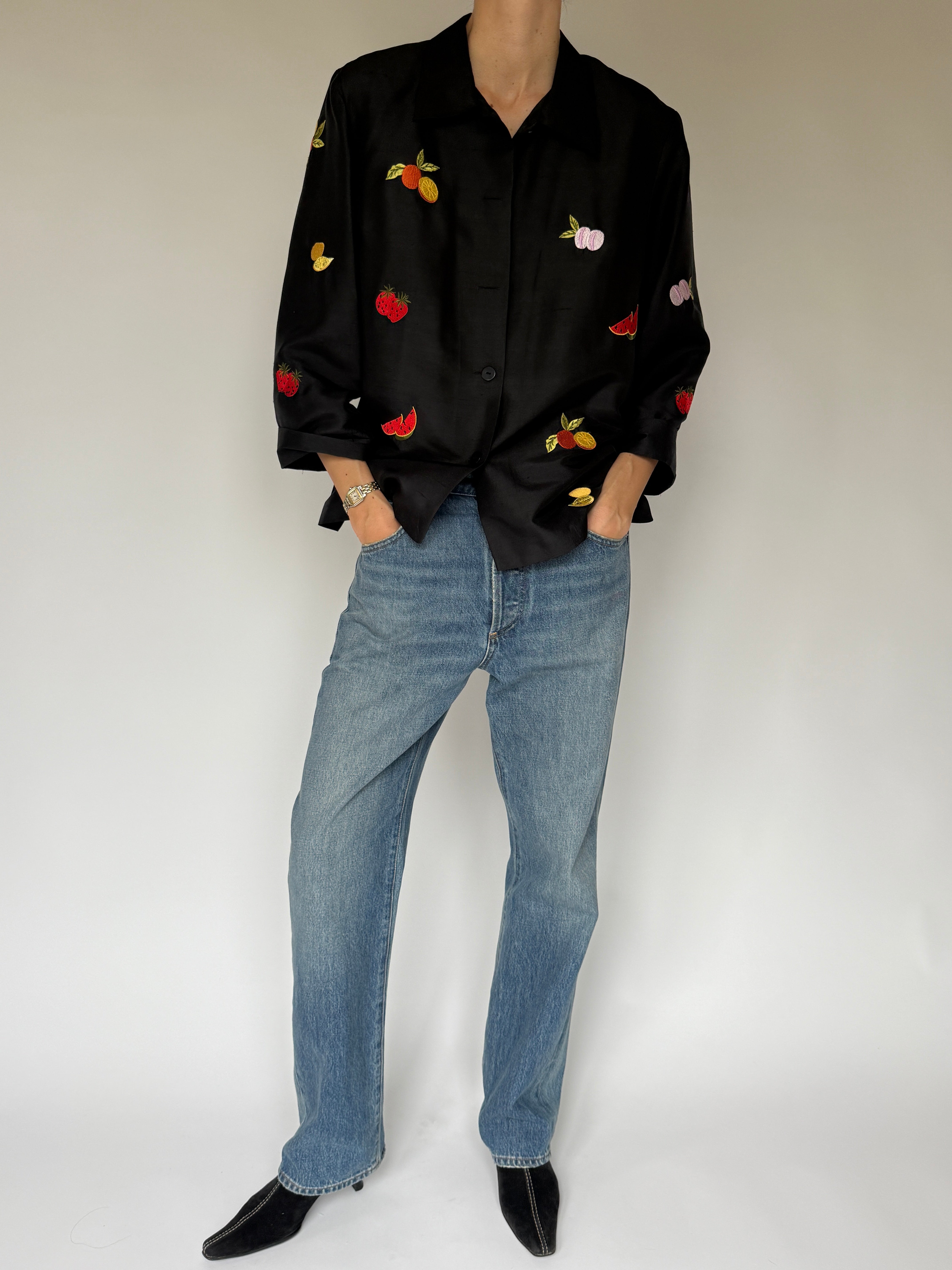 Vintage black silk embroidered fruit jacket front view