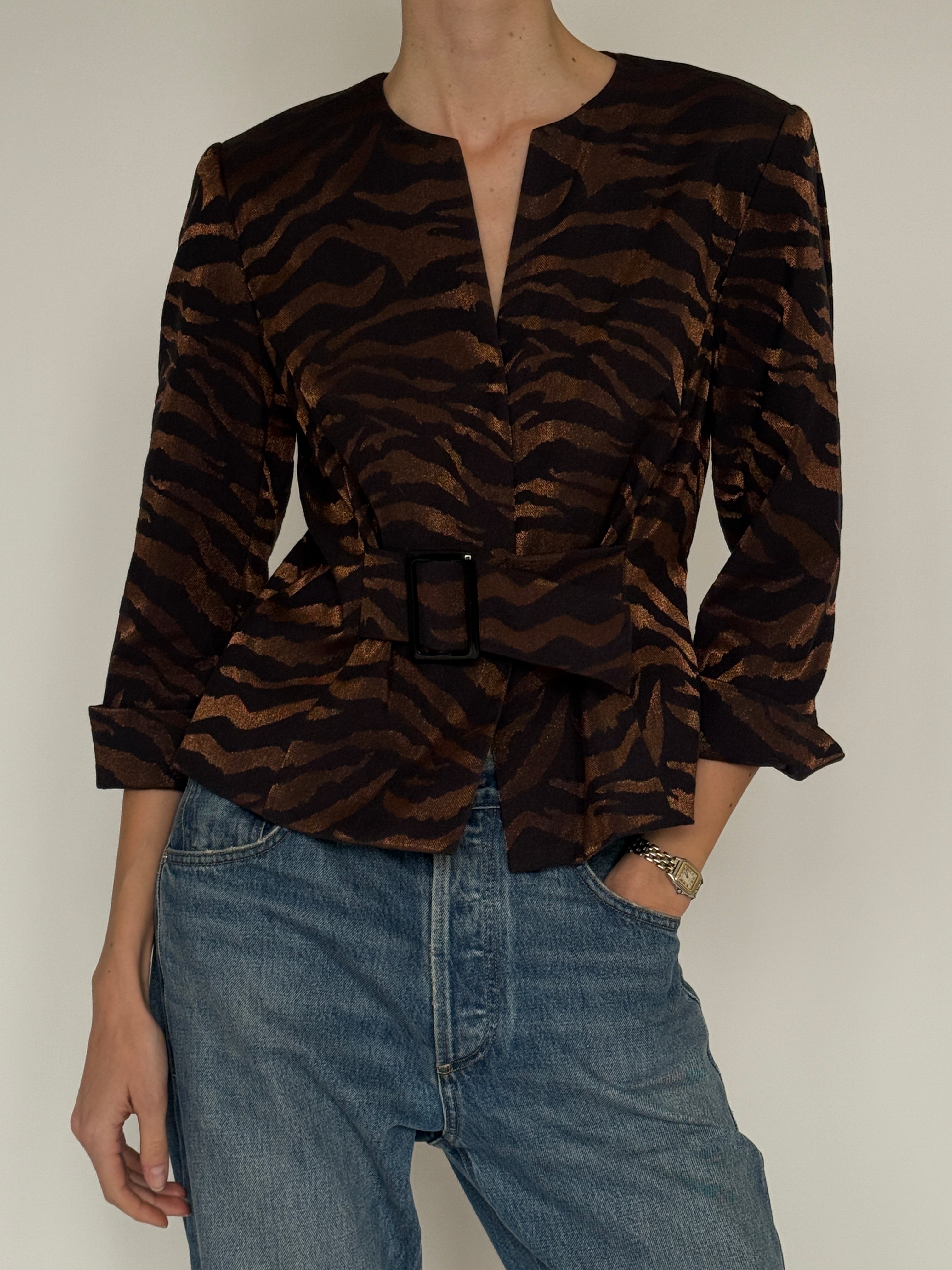 Vintage brown tiger jacquard belted jacket front view