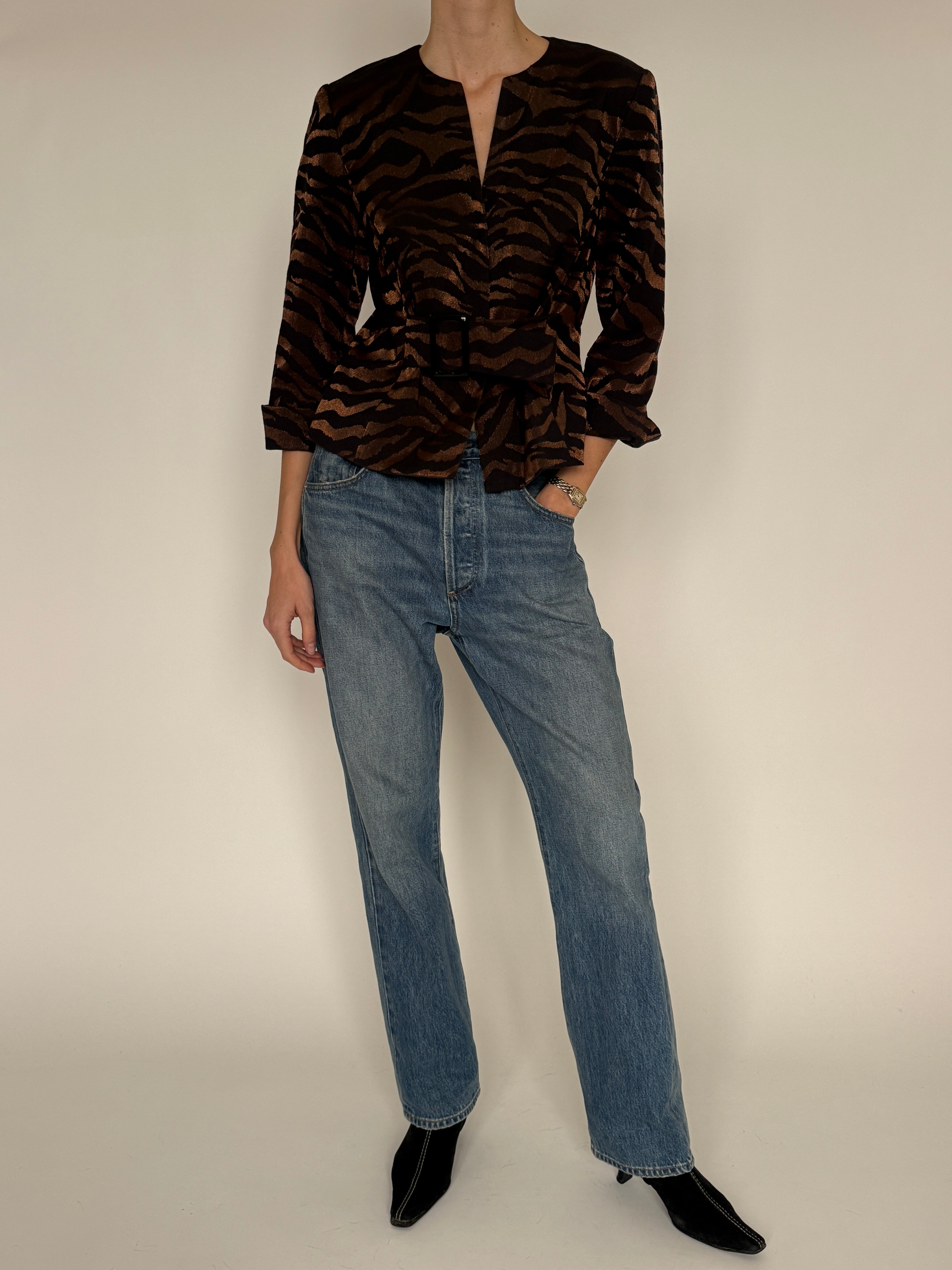 Vintage brown tiger jacquard belted jacket front view