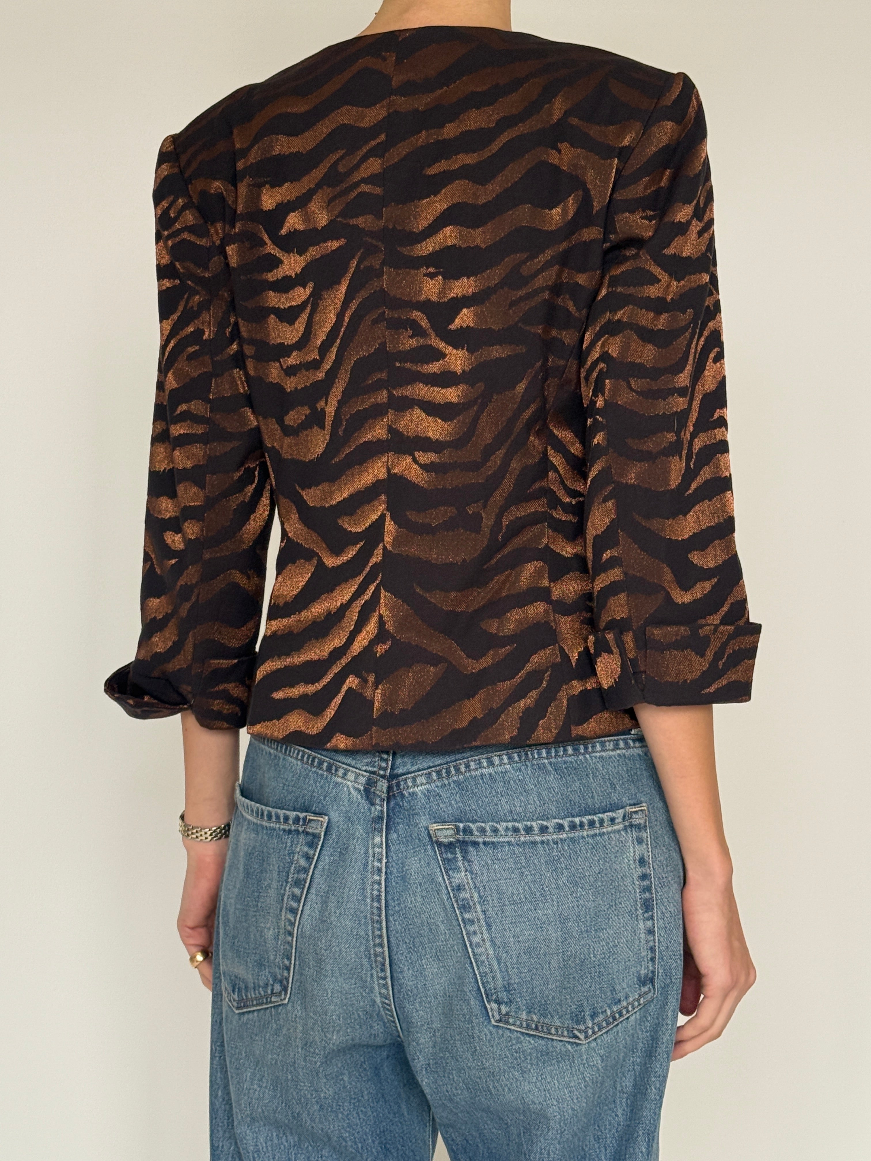 Vintage brown tiger jacquard belted jacket back view